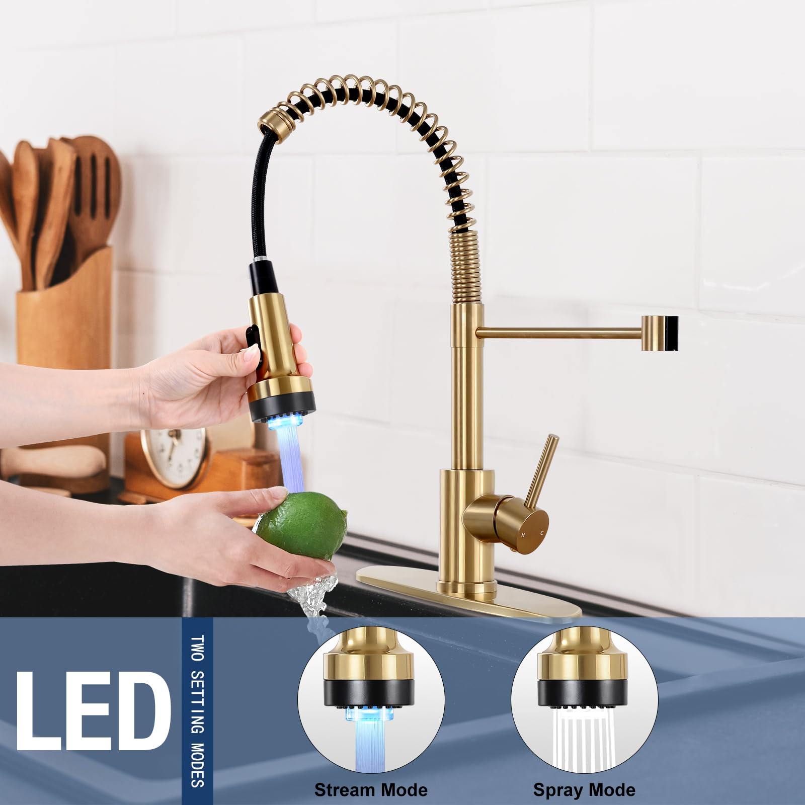 Djs Kitchen Faucets With Pull Down Sprayer Brushed Gold -【Led Light】 Single Handle 1 Or 3 Holes Spring Kitchen Sink Faucet With Deck Plate For Farmhouse Rv Vessel Basin