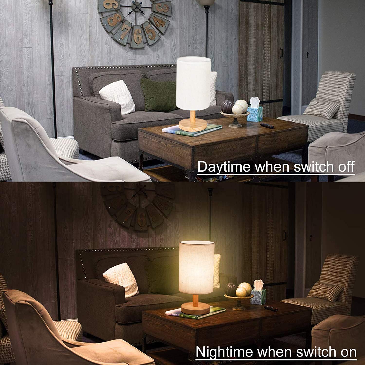 Rainfallaring Minimalist Bedside Table Lamp Seamless Pattern With Hand Drawn Construction Machines Kids Solid Wood Nightstand Lamp Bedside Desk Lamp Wood Base Flaxen Fabric Shade For Bedroom Living Room