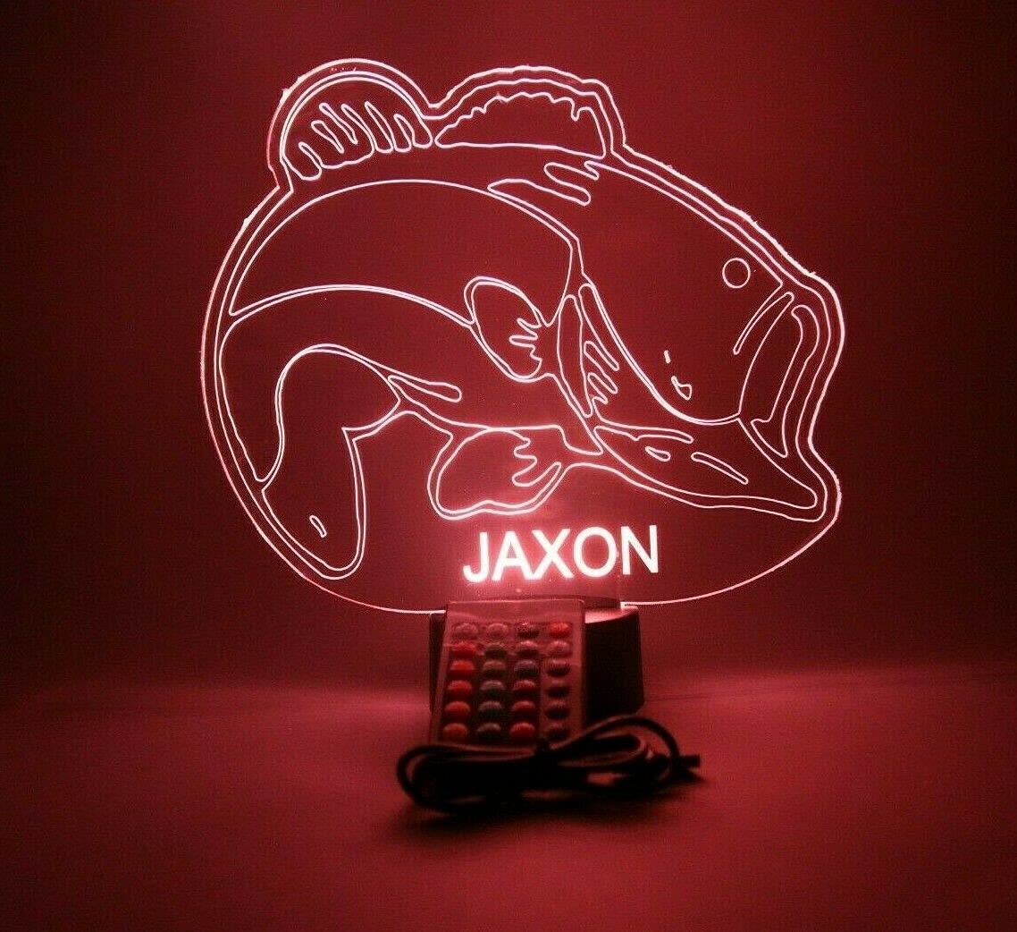 Mirror Mania Fish Sea Bass Gone Fishing Fisherman Night Light Up Lamp Led Personalized Engraved Desk Table Lamp, It'S Wow, With Remote, 16 Color Options, Dimmer, Engraved, Great