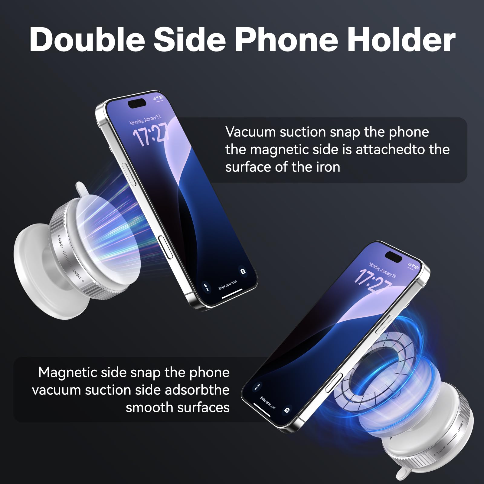 Jikasho 360° Vacuum Magnetic Suction Cup Phone Mount, Adjustable Hands- Suction Cup Phone Holder For Car/Gym/Mirror/Smooth Surface, Compatible With Iphone Android And All Smartphones (White)