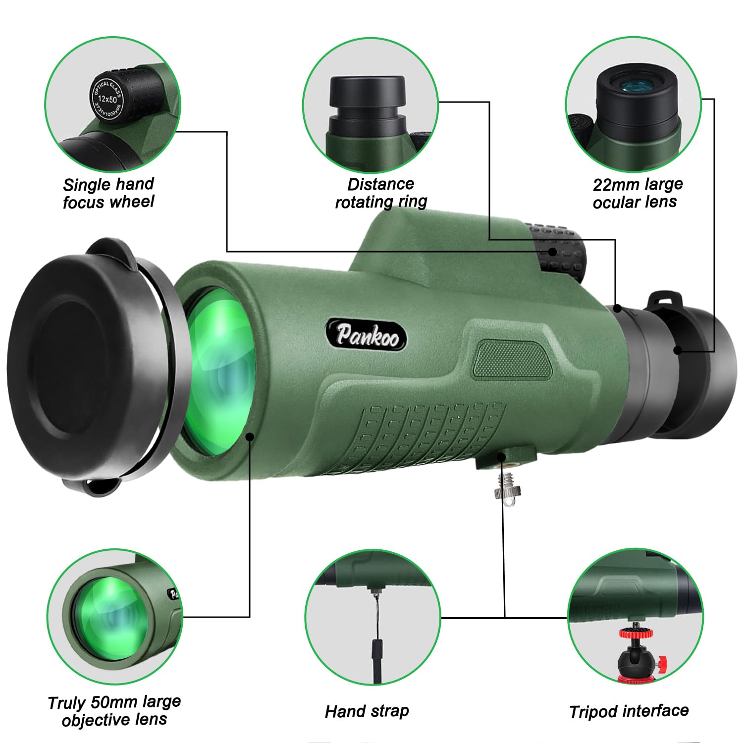 Pankoo 12X50 High-Power Monocular For Adults - Smartphone Adapter, Tripod, Hand Strap - Large Bak4 Prism & Fmc Lens - Perfect For Bird Watching, Sports, Hiking, Traveling