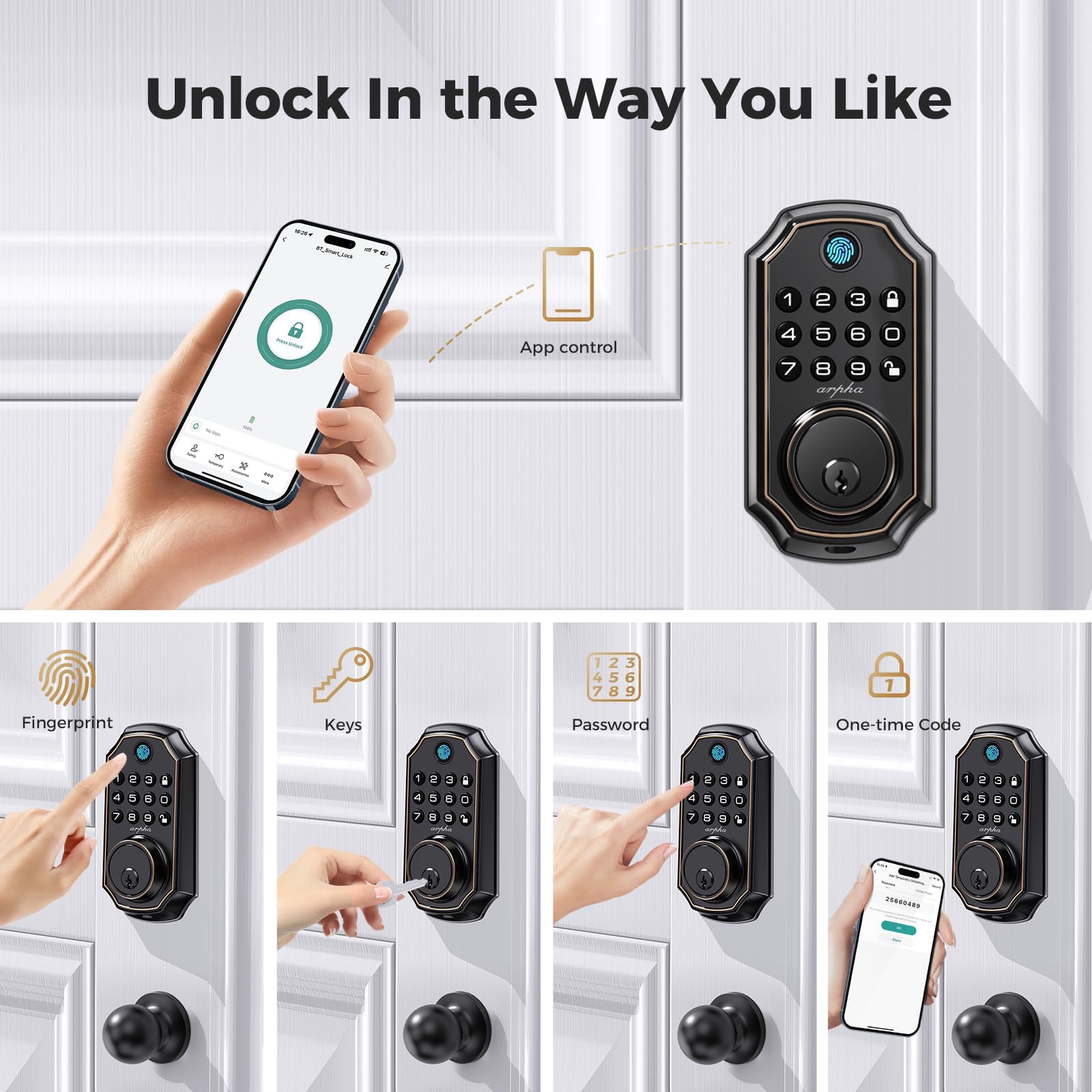 Arpha Keyless Entry Door Lock Deadbolt With Handle Set - 100 Code Smart Fingerprint Door Lock With App Control, Anti-Peeping Password Auto Locks, One Time Code, Zinc Alloy Black
