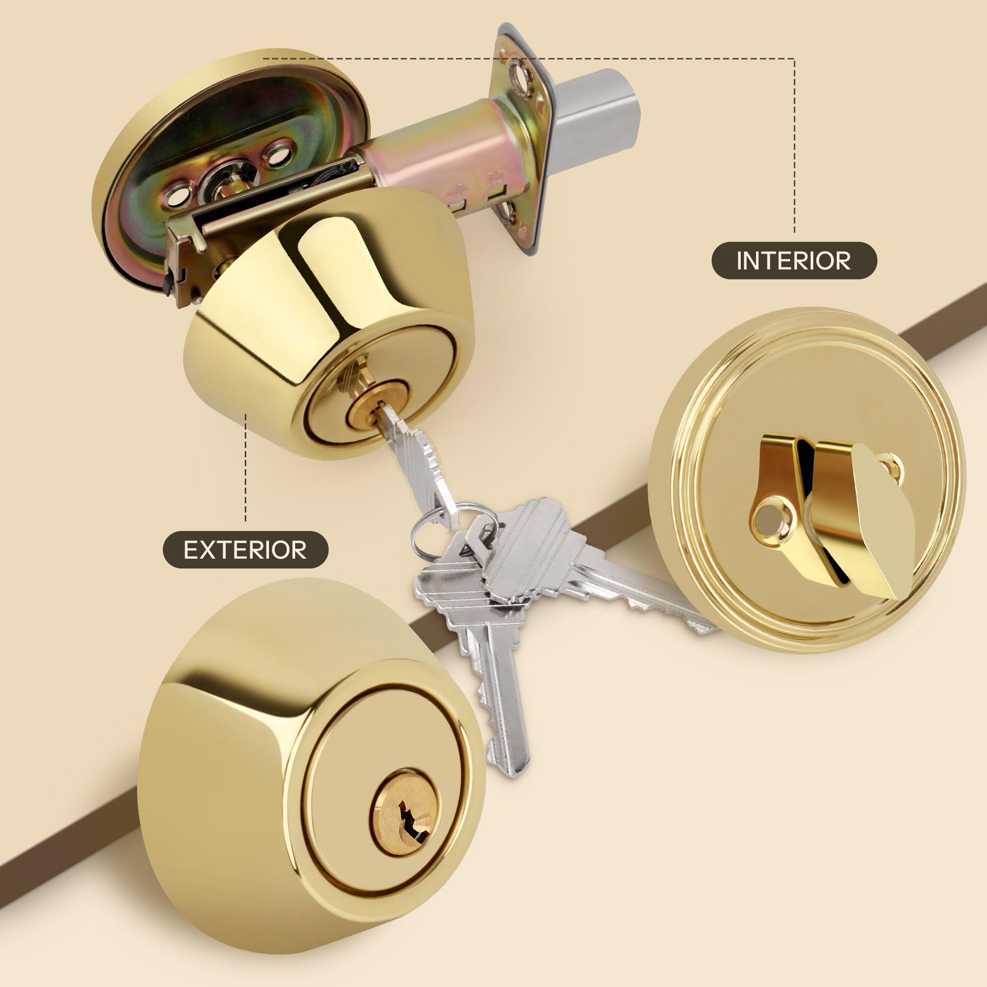 Loqron Round Design Single Cylinder Deadbolt With Keys, Exterior Keyed Dead Bolt Lock For Front Entrance Door Security, Polished Brass
