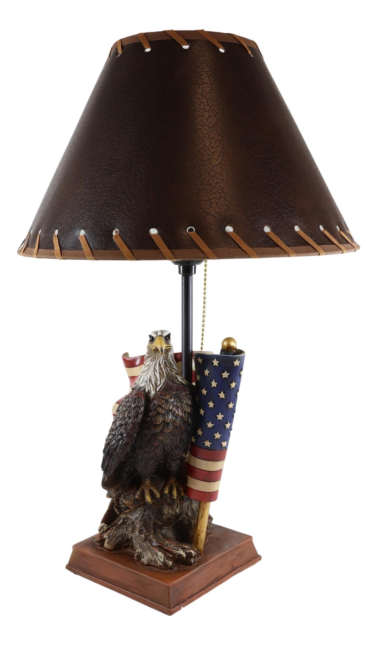 Ebros Gift Rustic Patriotic American Emblem Bald Eagle With Star Spangled Banner Flag Memorial Desktop Side Table Lamp With Brown Faux Leather Laced Shade Land Of The Brave And