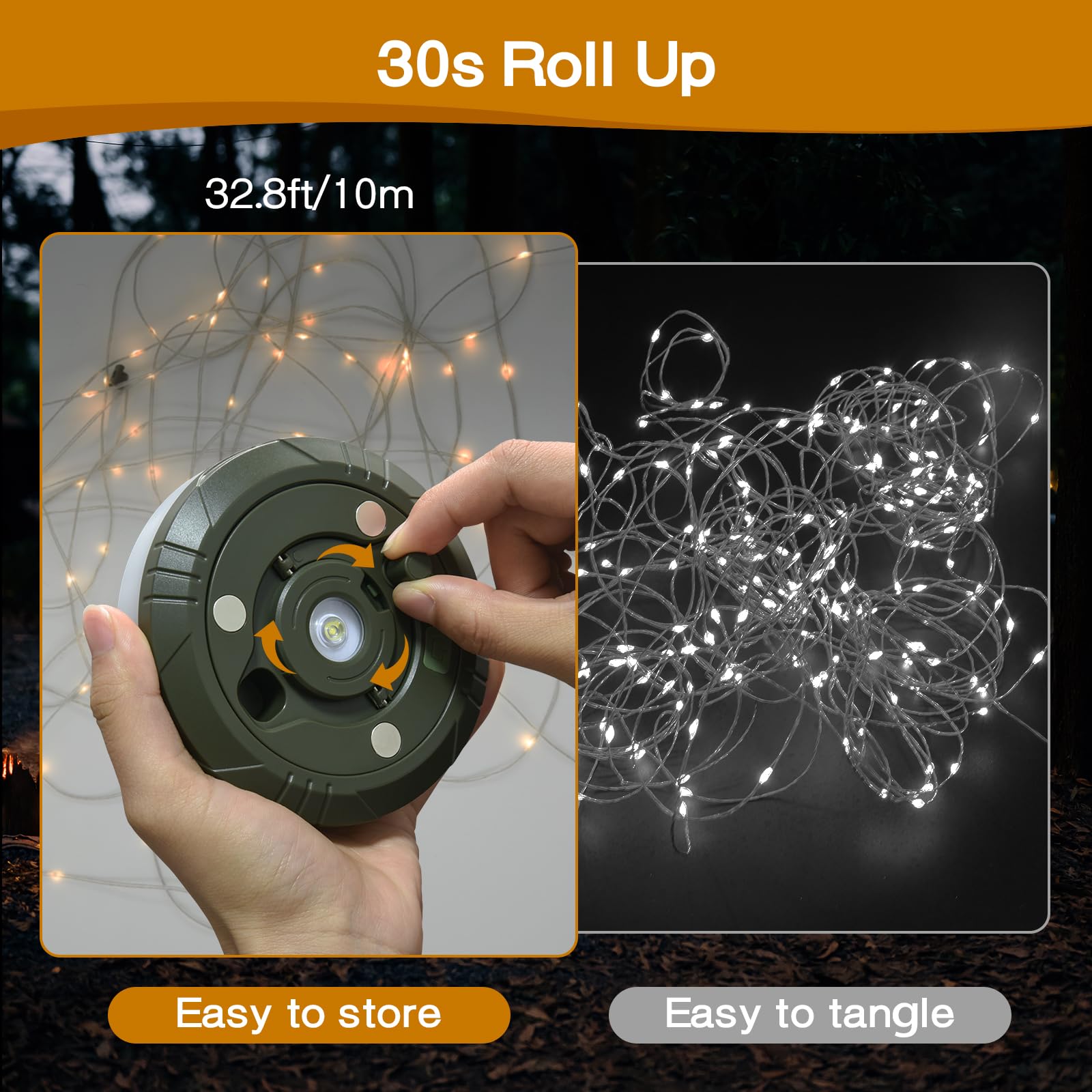Totoppioneer Camping String Lights,3-In-1 Quick Storage 32.8Ft Rechargeable Tent Lights,8 Modes Outdoor String Lights Waterproof,Portable Retractable Camping Lantern For Hiking Awning Garden Party Festival Decor