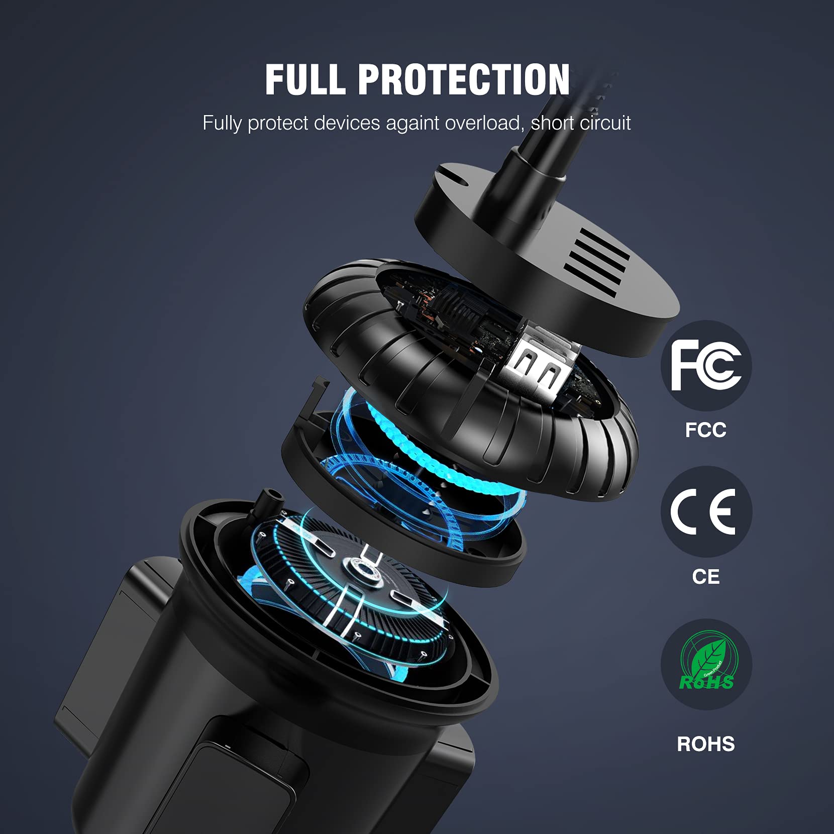 Utik 4-Port Usb Car Charger With Cup Holder Phone Mount, Rapid Multi Port Charger, Adjustable Gooseneck Rotatable Holder For Smartphones