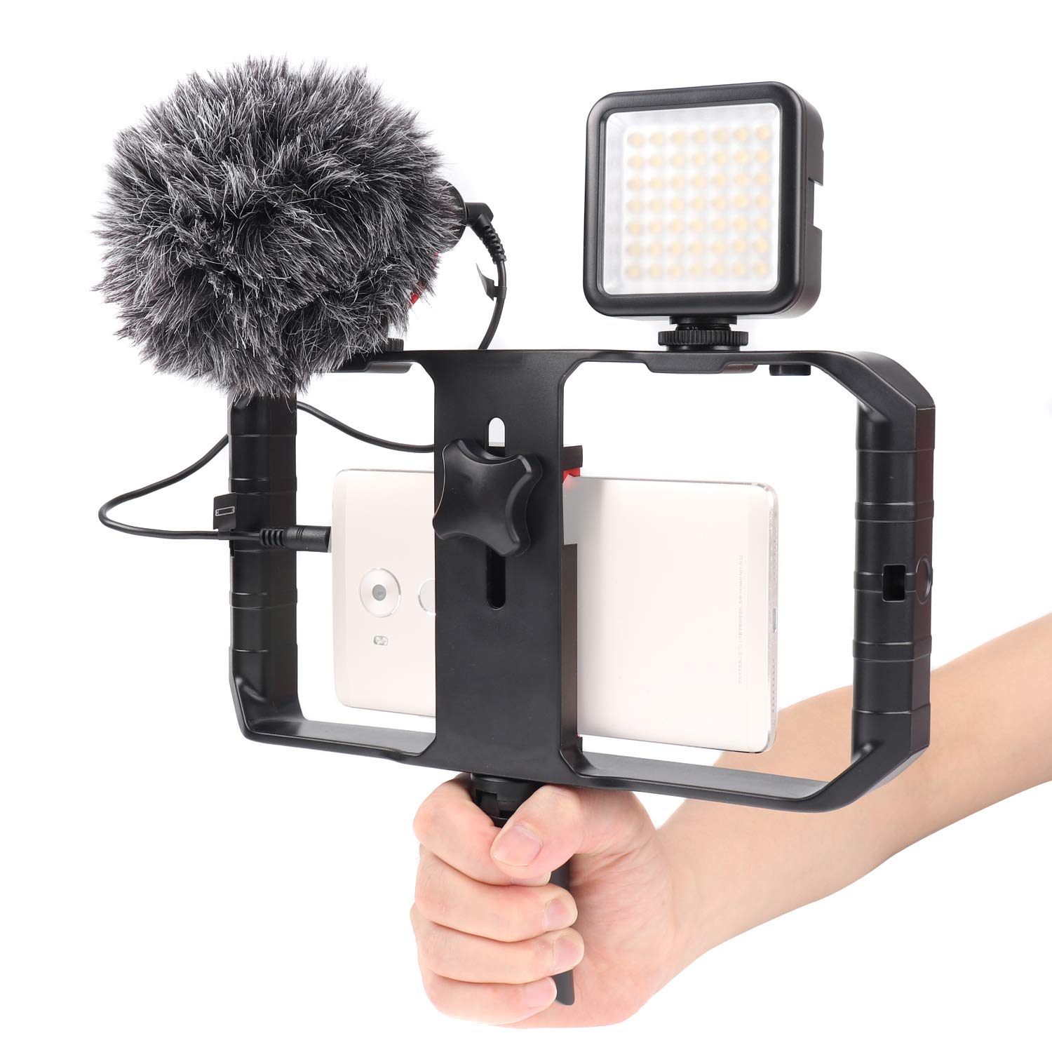 Focusfoto Pro U-Rig Smartphone Video Camera Cage Mount Holder Stabilizer Grip With  By-Mm1+ Microphone Mic+ 49 Led Light+ Mini Tripod Kit For Mobile Phone Iphone Filmmaking Videomaker