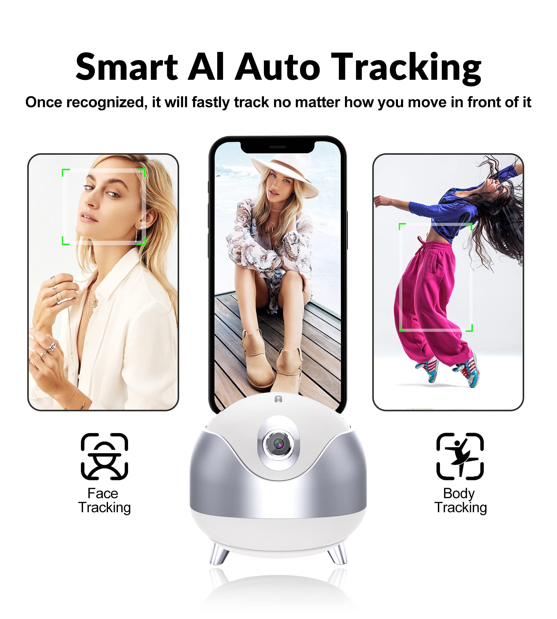 Iyesku Auto Face Tracking 360 Camera Tripod For Cell Phone Rotating With Remote, 2-Axis Smart Ai Face Recognition 360 Selfie Stick Rotation Tripod Mobile Phone Holder Tiktok Camera Tripod (White)