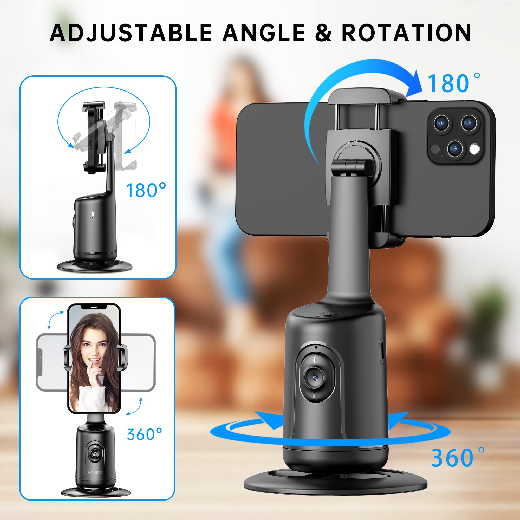 Selfieshow Auto Tracking Phone Holder, Auto Face Tracking Tripod, Portable All-In-One Smart Selfie Stick 360 Rotation Fast Face & Object Tracking Cameraman Robot Mount For Phone Video Vlog Live Streaming(Black)