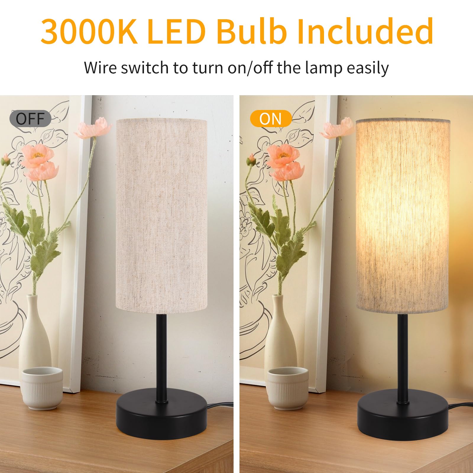 Rislg Small Table Lamp, Bedside Table Lamp For Bedroom, Lamp For Nightstand With Linen Fabric Shade, Minimalist Modern Desk Lamp For Living Room Office Dorm Kids Room