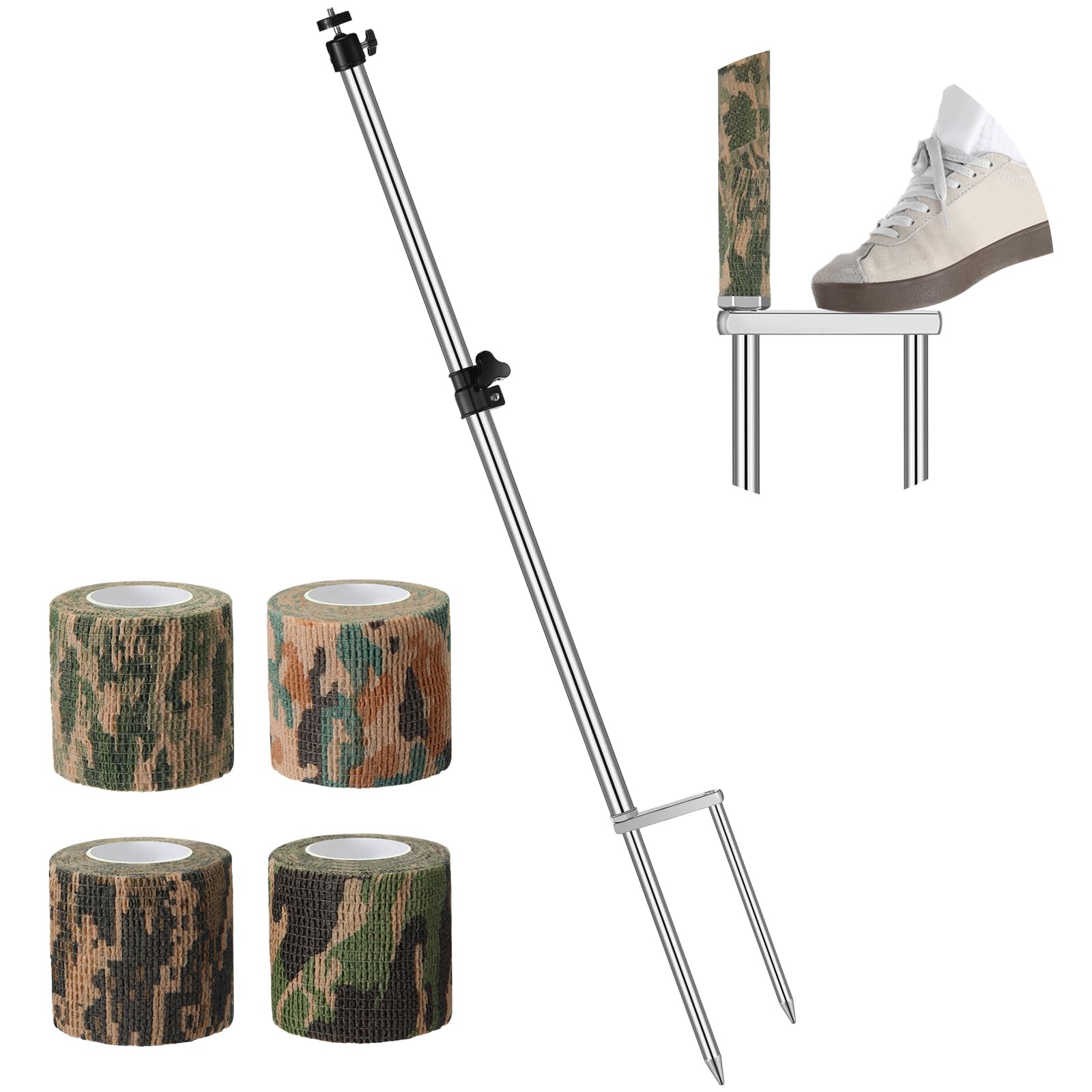 Morningro 1 Pack Trail Camera Stand Mount Foldable Stainless Steel Game Camera Stand Bracket 360° Adjustable 1/4''-20 (6Mm) Screw Connection Trail Stake With Camo Wrap Tapes For Deer Cam Accessories