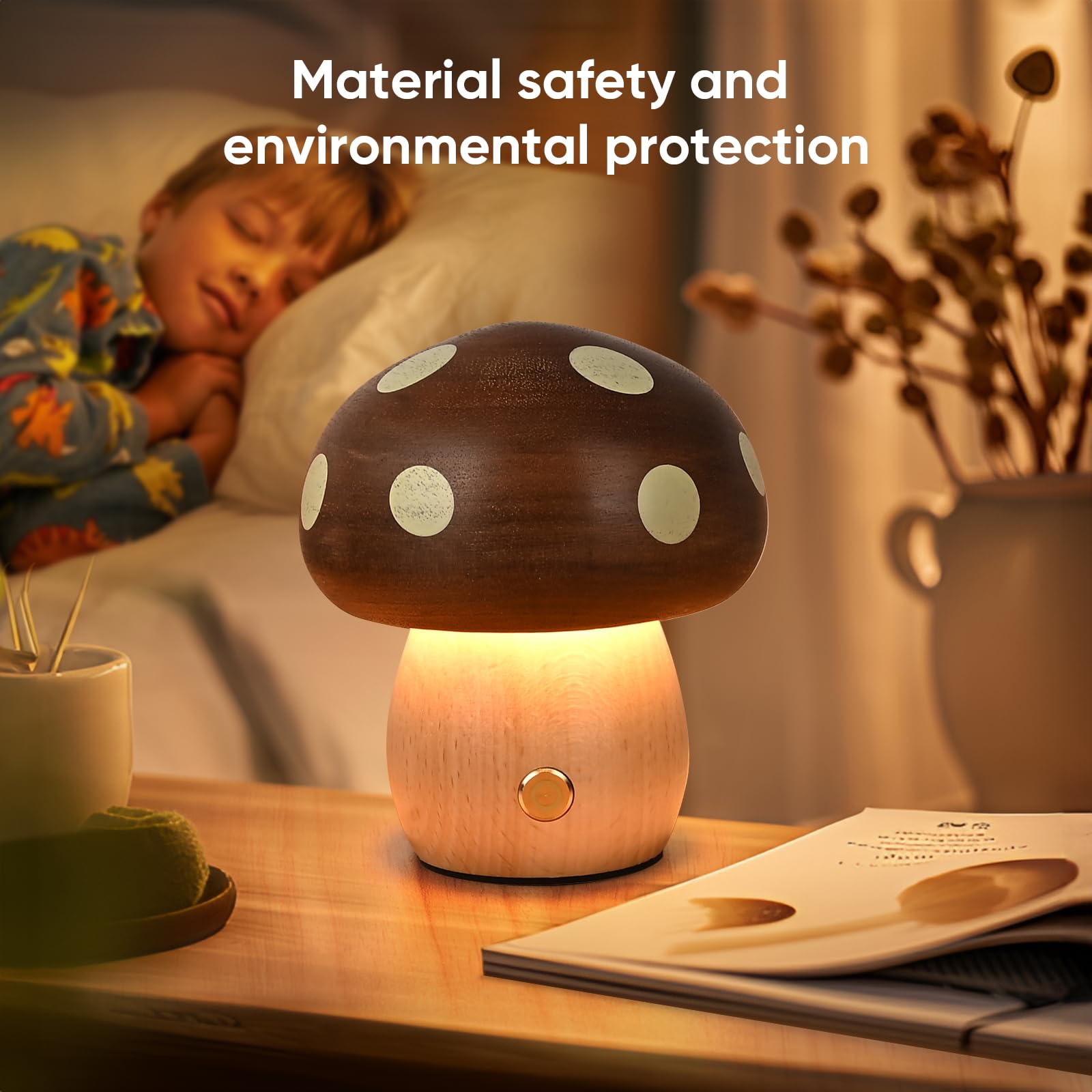 Lonrisway Led Wooden Mushroom Lamp, Rechargeable Battery Operated Portable Cordless Touch Switch Small Lamp, Stepless Dimming Night Light For Birthday