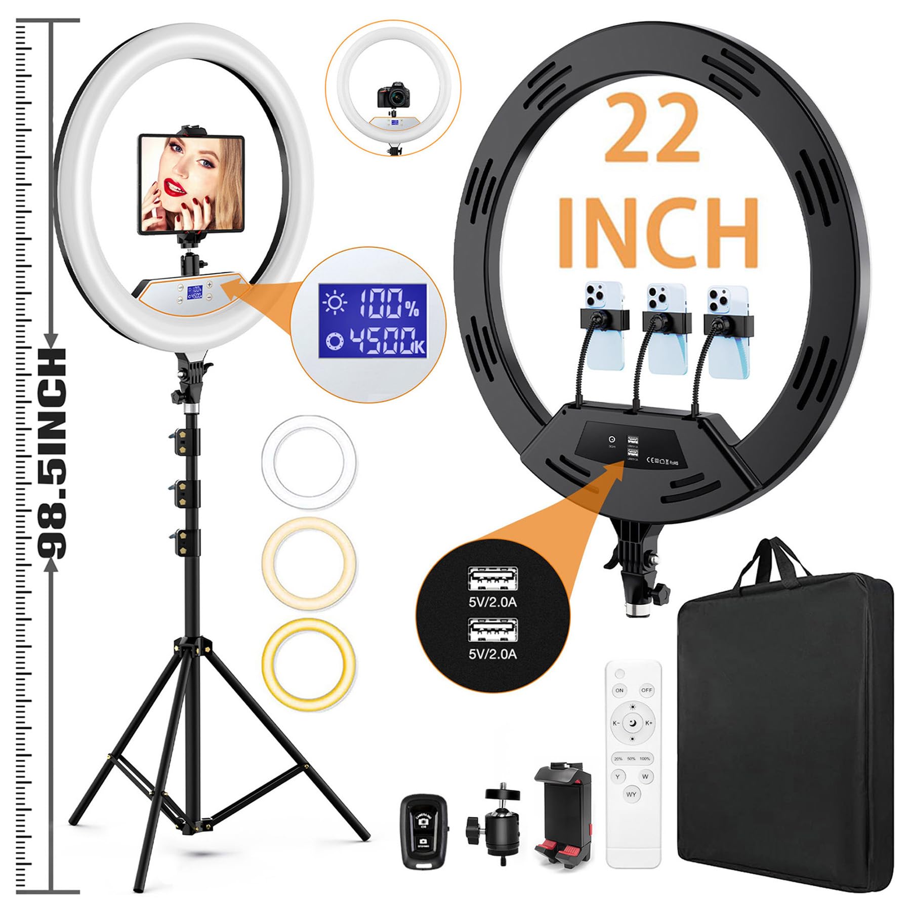 Mactrem 22"Ring Light With Stand,Ring Light Tripod For Iphone Ipad,With 75"Tripod/Lcd Display/4 Ipad Iphone Clips/2 Usb Ports,2600K-6500K Color Temperature,For Barber Makeup Tattoo Tiktok Video Recording Vlog