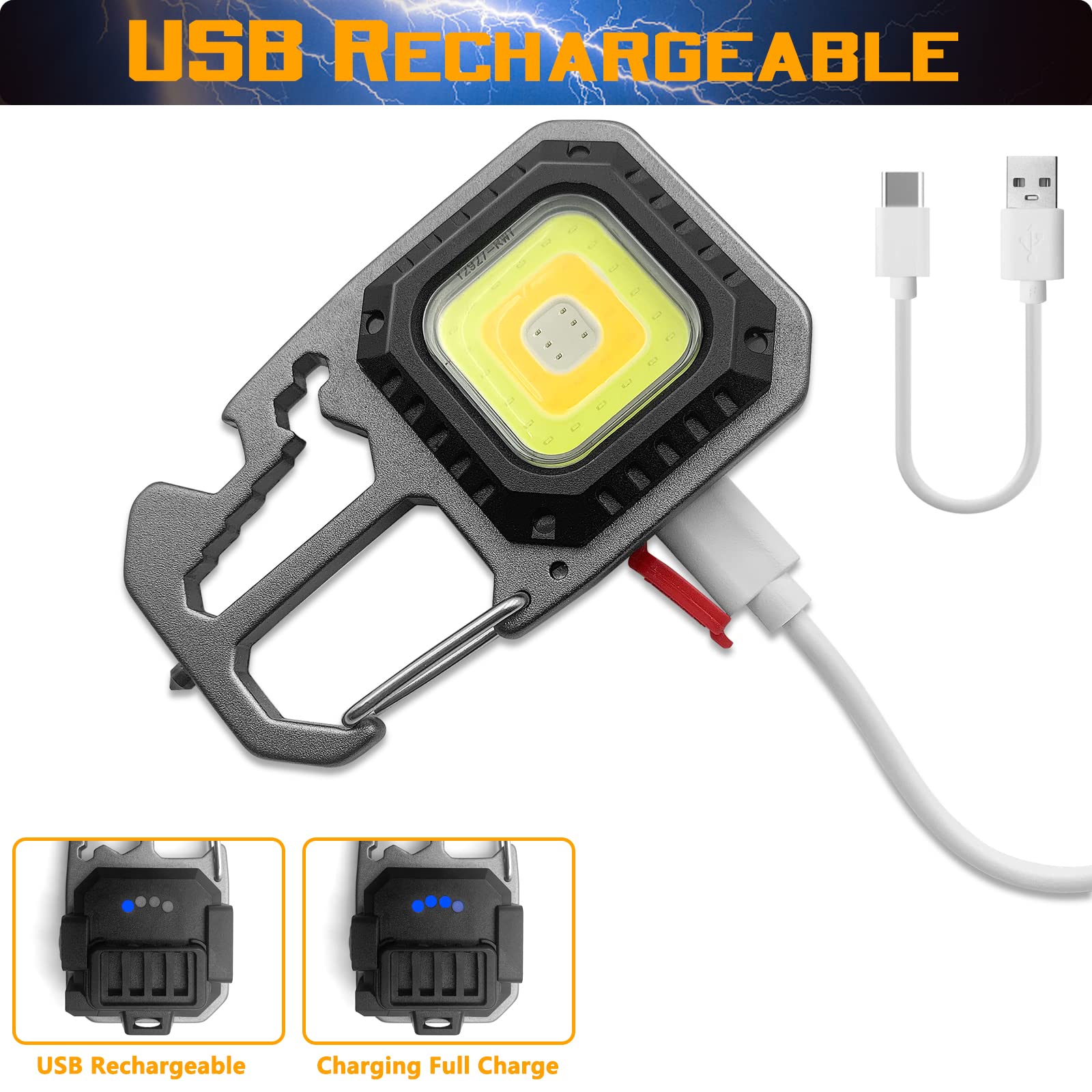 Jinhill 2Pcs Cob Small Flashlights, Rechargeable Keychain Mini Flashlight 4 Modes Portable Pocket Magnetic Light With Bottle Opener Hook Window Breaker Wrench Screwdriver Function For Fishing Camping Walking