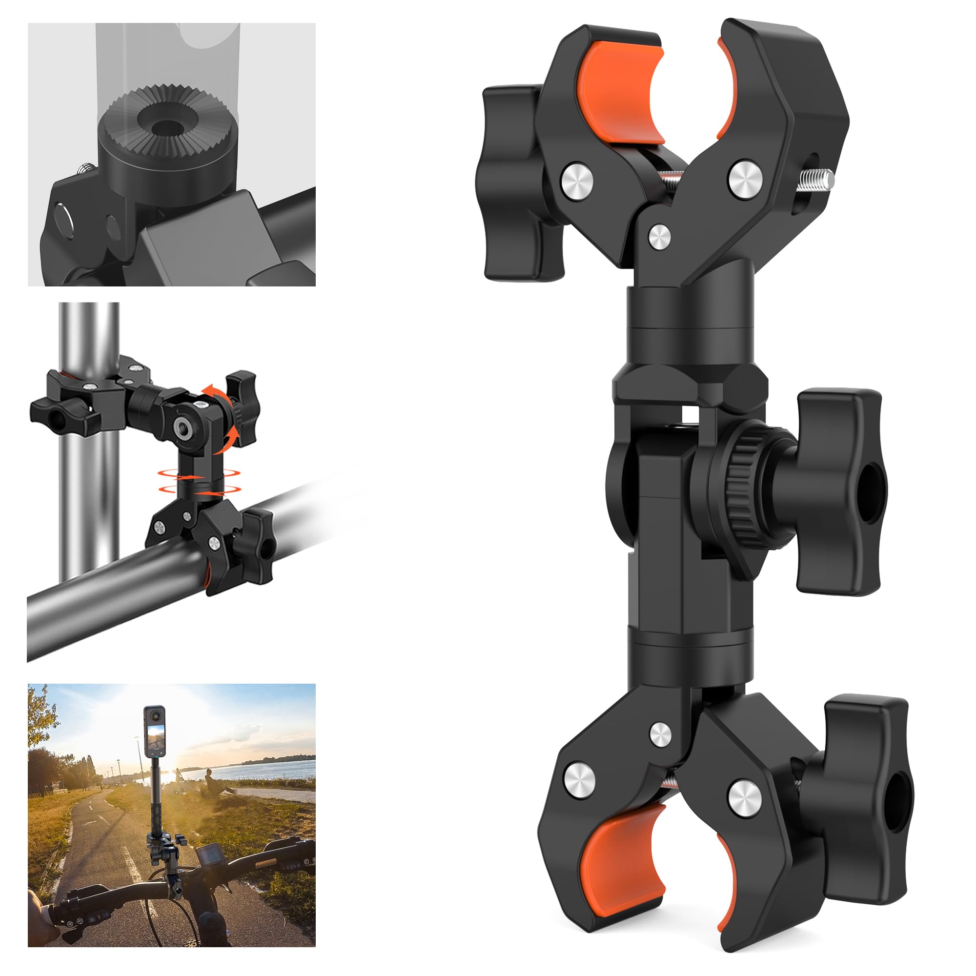 Rgbtek Double Clamp Mount Bracket Magic Arm With 1/4" Screw Interface, Double Camera Clamp For Umbrella Clamp, Photo Studio Light Stand, Bike, Motorcycle, Pole, Cross Bars, Chair, Photography Reflector, Flag
