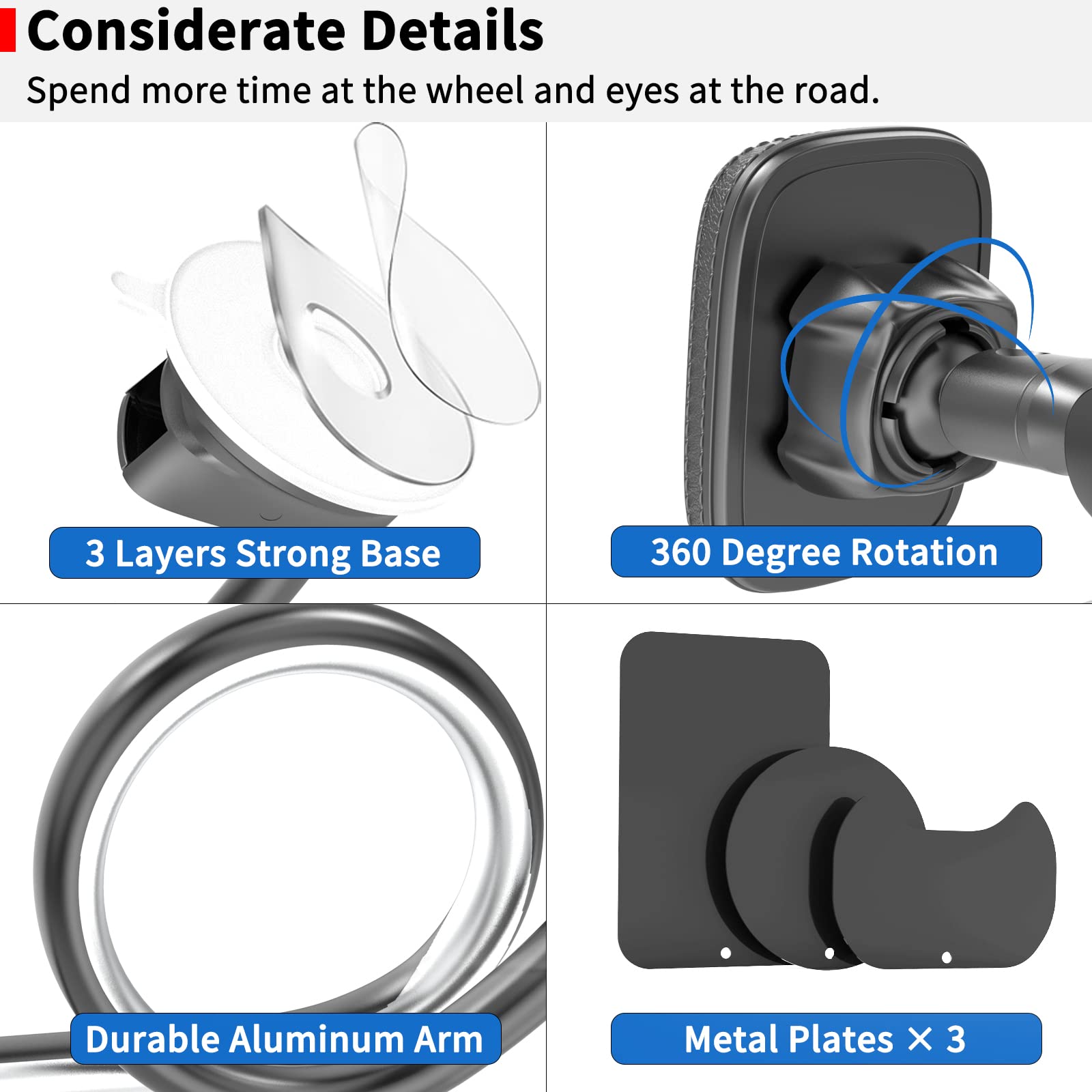 Apps2Car Magnetic Car Phone Holder Mount [Flexible Long Arm] Anti-Shake Windshield Phone Mount [6 Strong Magnets] Cell Phone Holder For Car [Case Friendly] Compatible With Iphone Smartphones Tablets