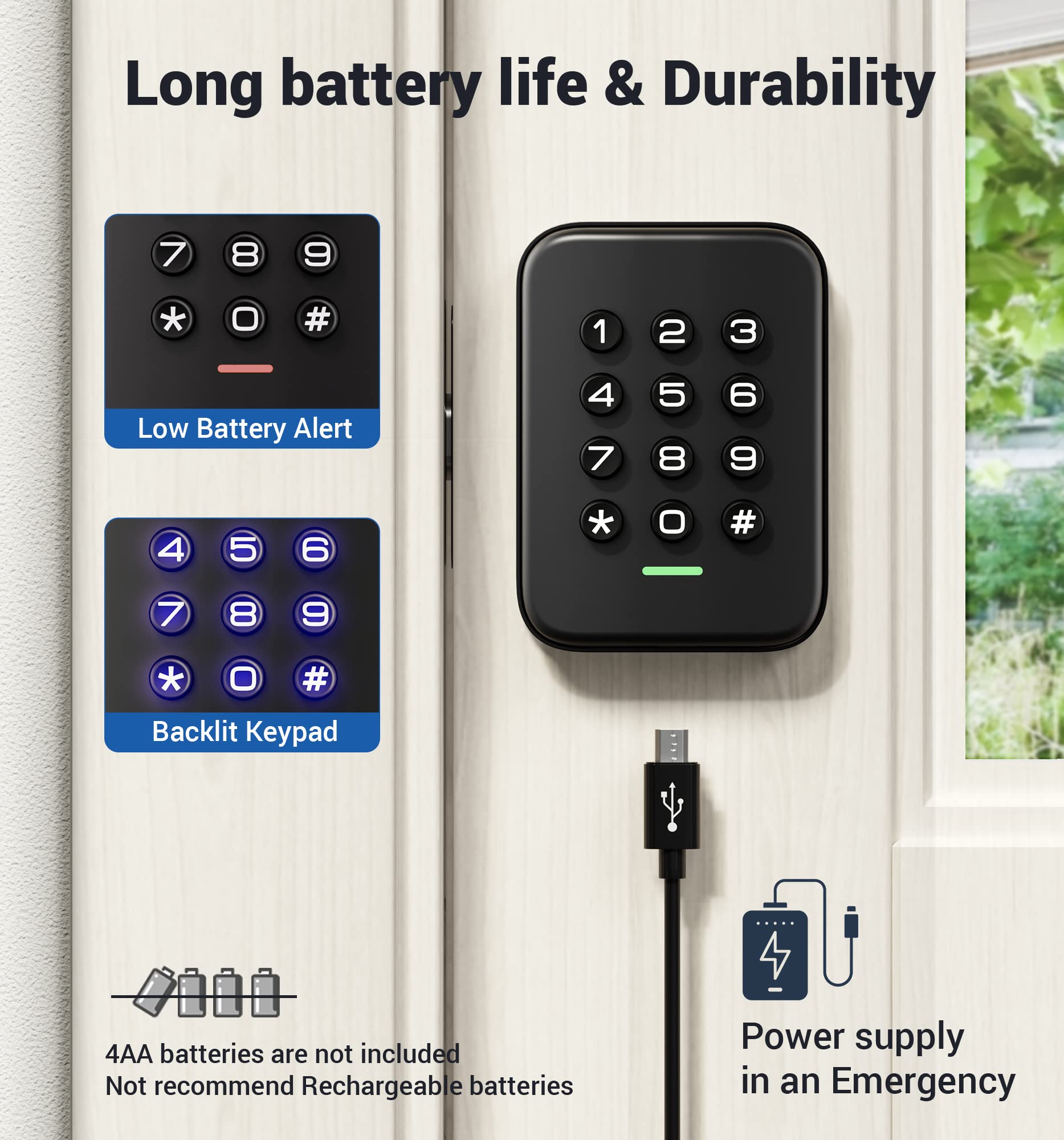 Veise Keyless Entry Door Lock, Electronic Keypad Deadbolt, Auto Lock, Anti-Peeking Password, Emergency Power Port, Easy Installation, Black