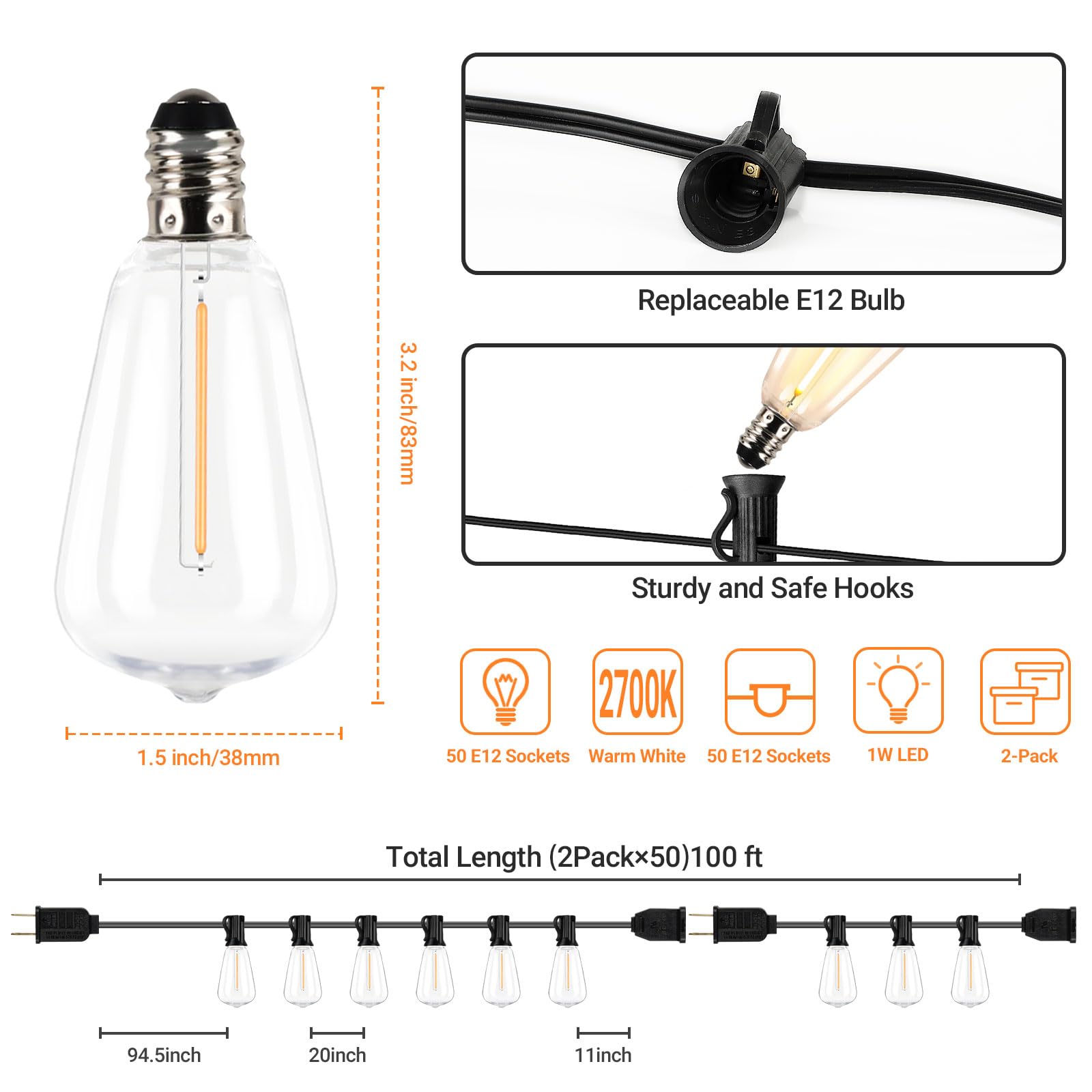 Kondras 100Ft Led Outdoor String Lights, Waterproof Outside Patio String Light With 52 Dimmable St38 Edison Bulbs, Connectable Hanging Lights For Yard Porch