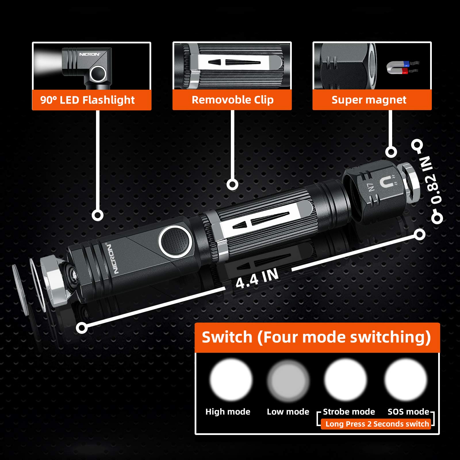 Nicron Flashlight, N7 600 Lumens Tactical Flashlight, 90 Degree Ip65 Waterproof Led Mini Flashlight 4 Modes- Best High Lumens Are For Camping, Outdoor, Hiking （Not Including Batteries）