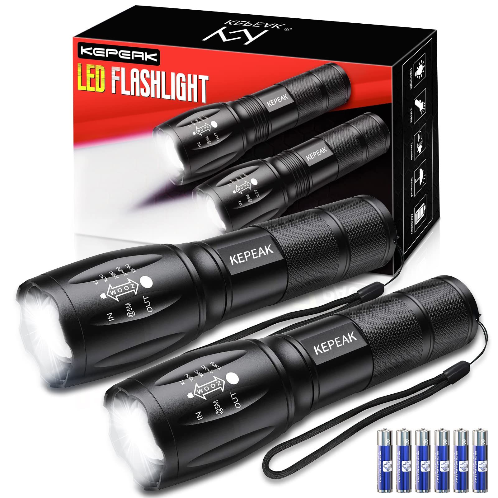 Kepeak Led Flashlight, 5 Modes Tactical Flashlight, Ipx5 Water Resistant, High Lumen, Zoomable Flashlight For Camping, Outdoor, Hiking, Emergency