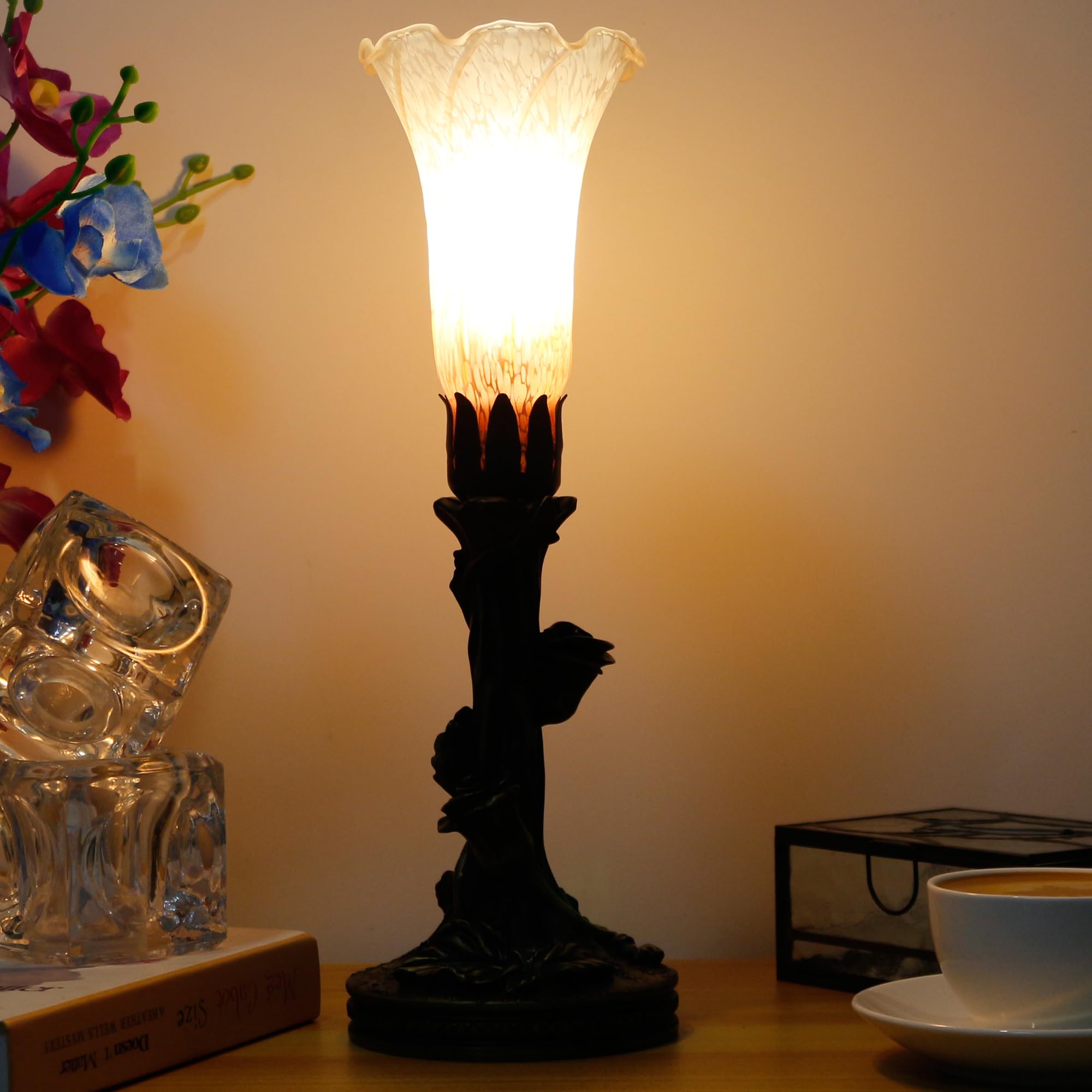 Anyonglu Lily Lamp Tiffany Style Torchiere Table Lamp 13.5 Inch Tall Tulip Flower Accent Desk Lamp With Bronzed Resin Base (1-Light/Orange)