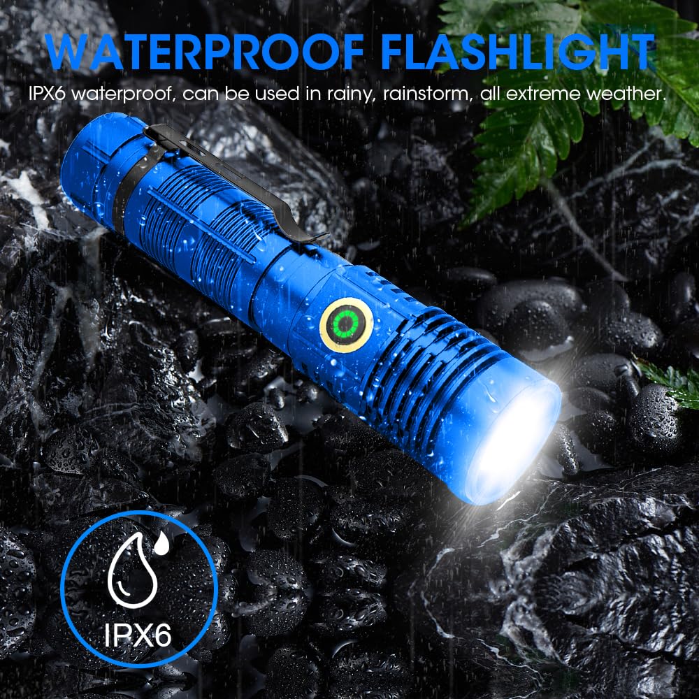 Spriak Rechargeable Flashlight High Lumens, 12000 High Lumens Super Bright Flash Light, 1500 Meter Long-Range Zoomable Led Flashlights For Emergency, Edc, Searching, Waterproof Flashlight Dimmable Blue Pcs