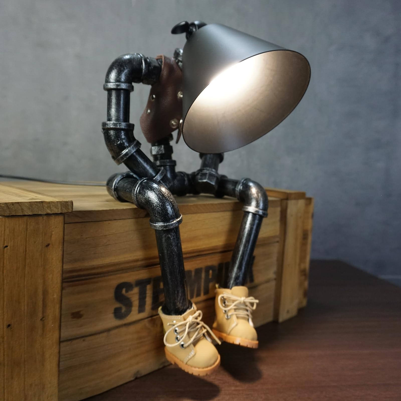Hamoqi Steampunk Cowboy Robot Table Lamp, Boots & Vest Jacket Design With Metal Pipe Industrial Robot Lights, Adjustable Brightness Cool Desk Lamp,Unique Retro Decor & Creative Art For Men