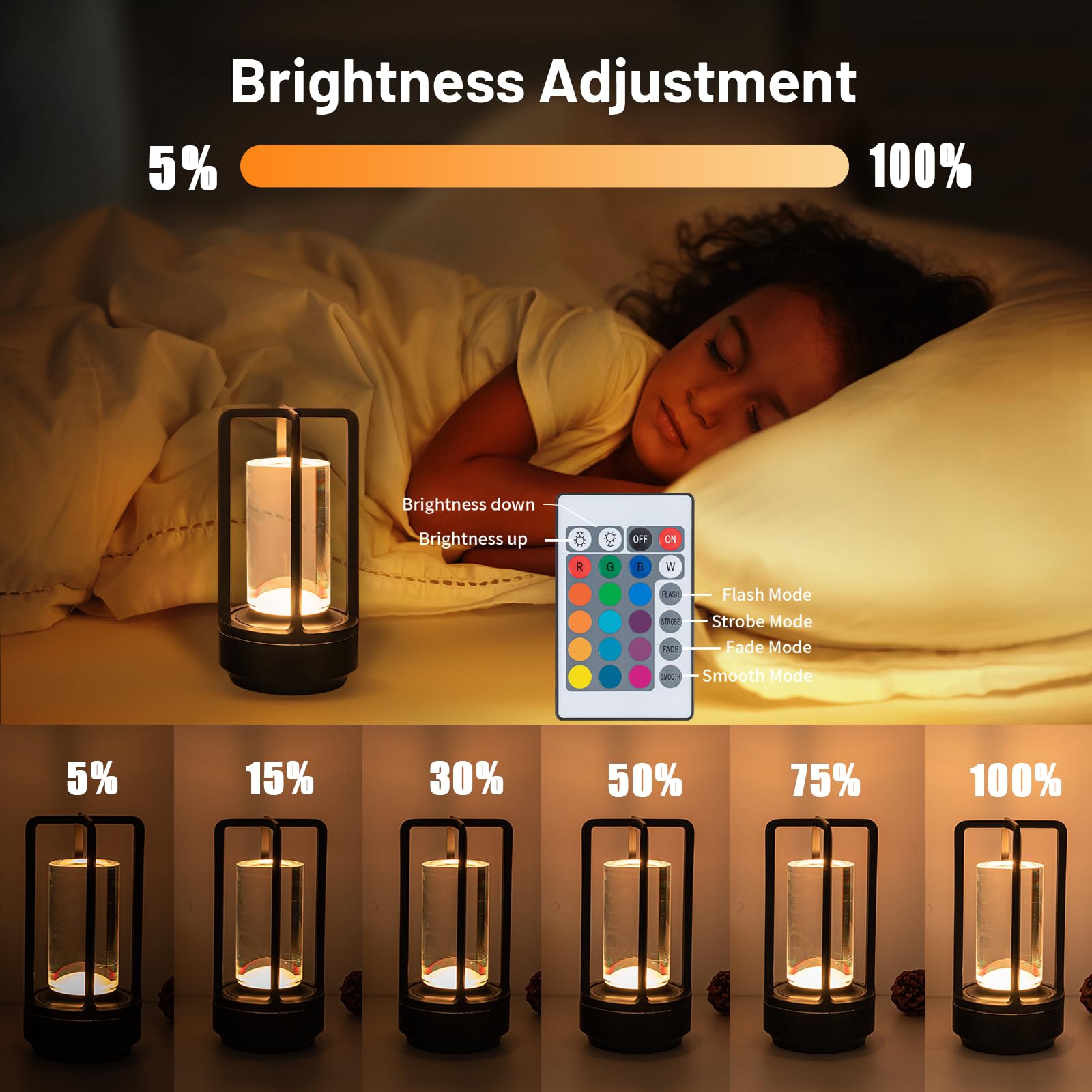 Ouvr Portable Metal Table Lamp With Remote Control - 16 Color Rechargeable Cordless Led Desk Lamp, Small Crystal Table Lamp For Restaurant Bedroom, Cafe, Outdoor Camping Patio Lighting (Black)