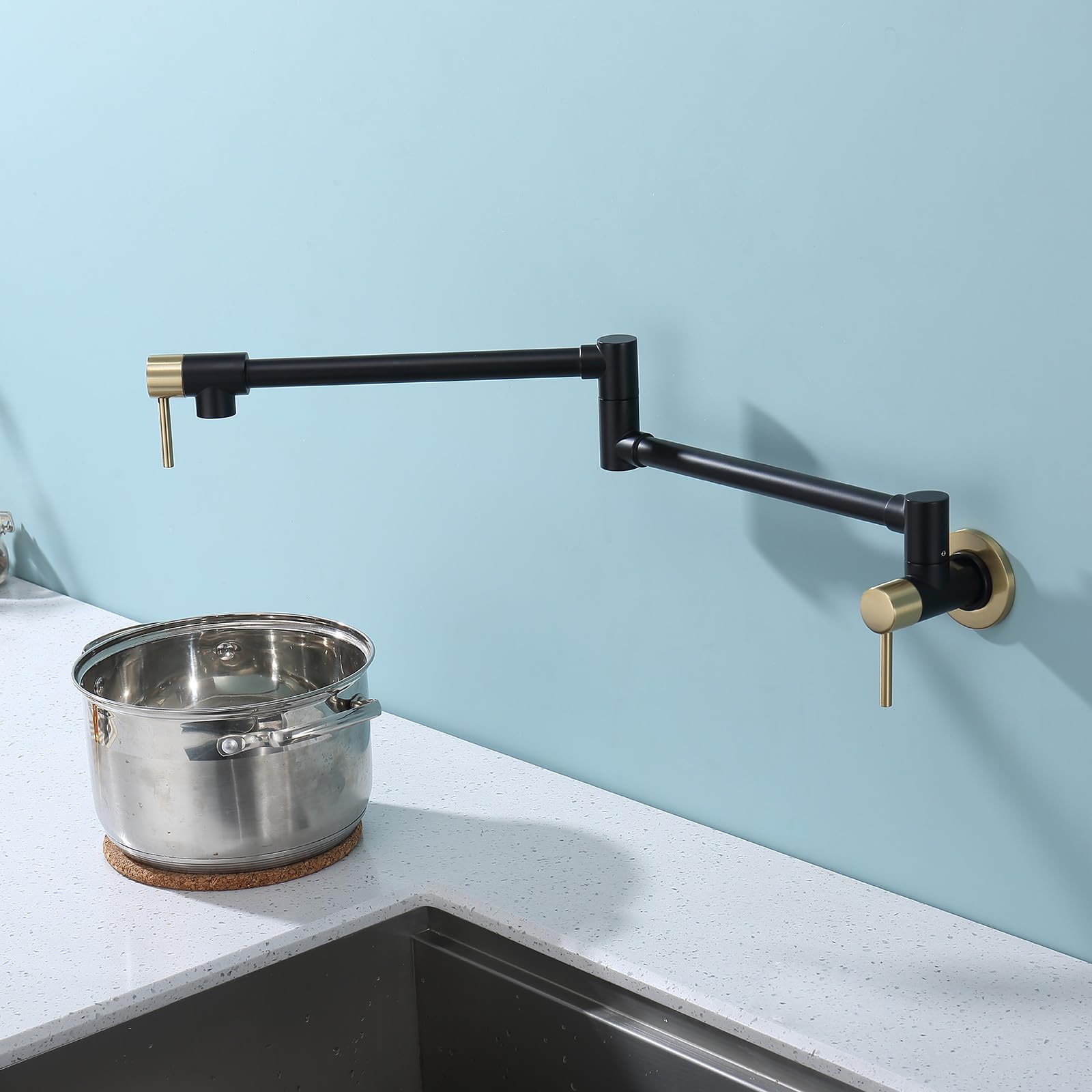 Kmeino Brass Pot Filler Faucet Black And Gold, Wall Mount Folding Kitchen Faucet With Double Joint Swing Arms, Brushed Gold Pot Filler Faucet