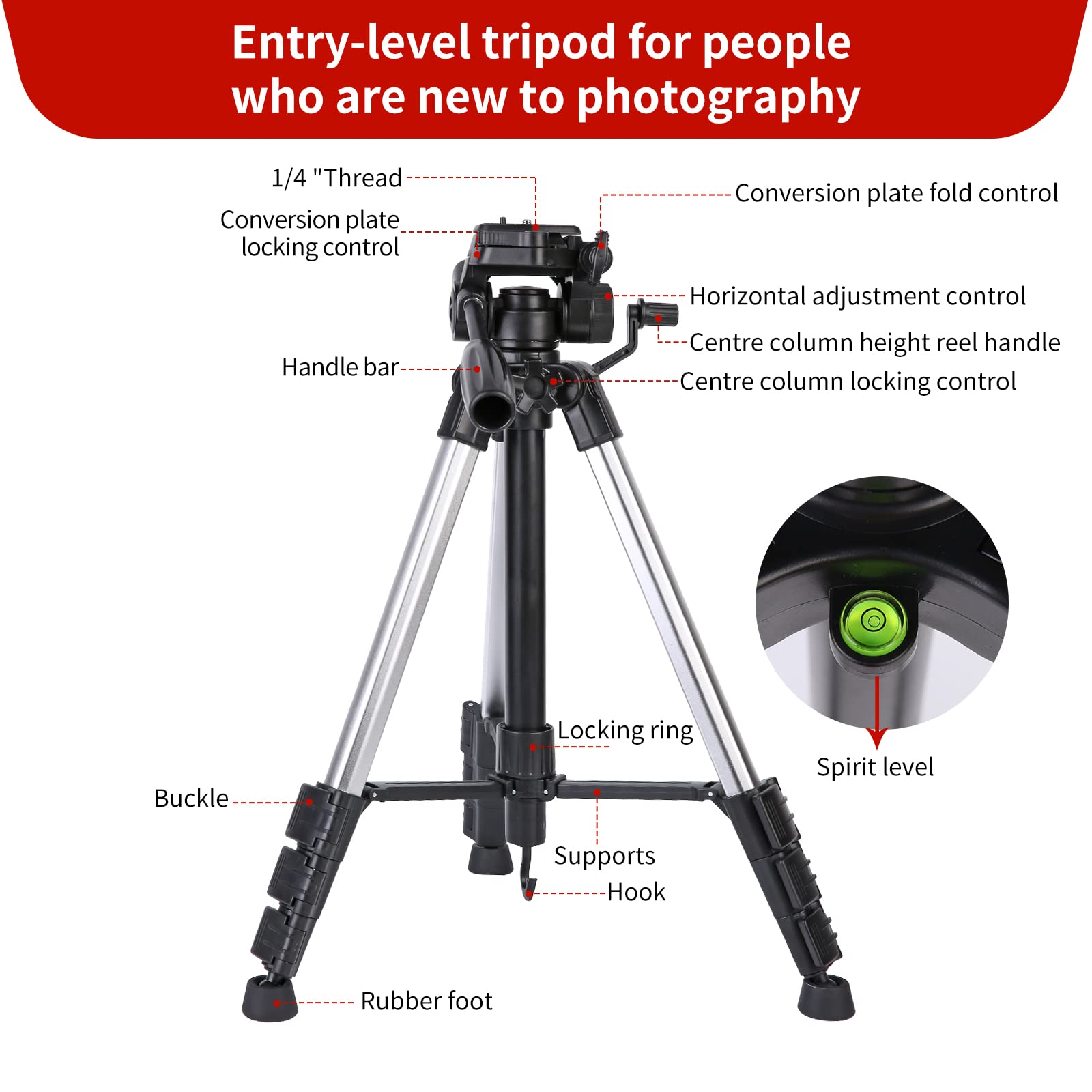 Mountain River Camera Tripod With Bag, 360° Panoramic Tripod Head,Quick Release Plate, Aluminum, Black