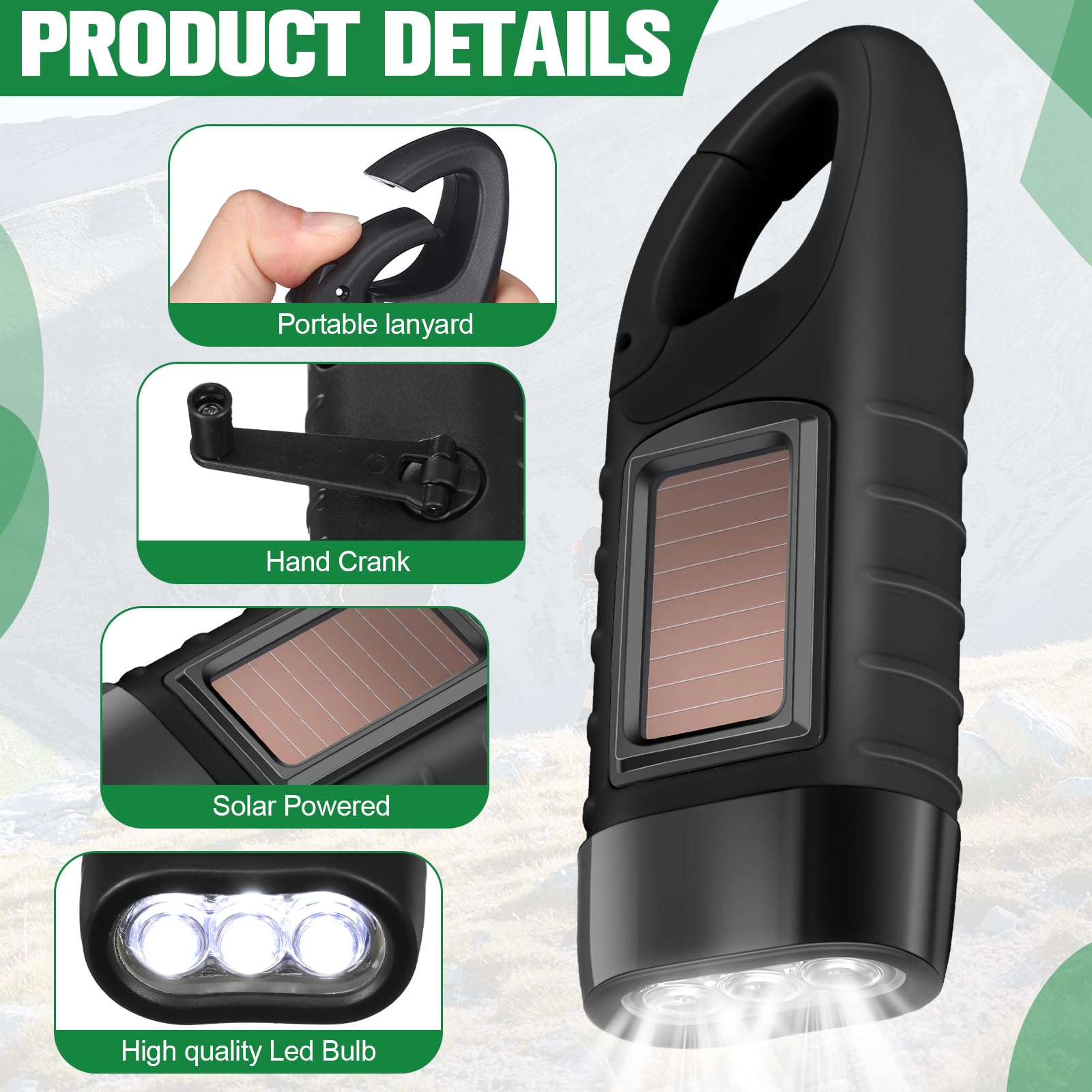 Leelosp 2 Pieces Hand Crank Solar Powered Flashlight Emergency Rechargeable Led Survival Light Dynamo Flashlight Torch For Outdoor Sports Hiking Camping