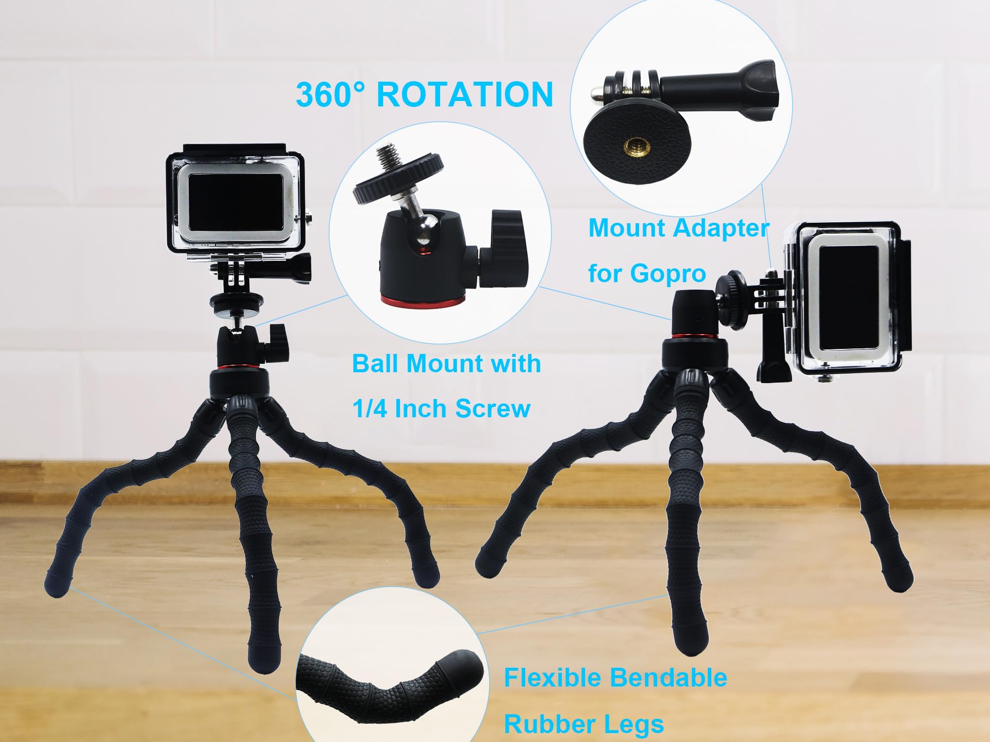 Licrugu Flexible Camera Tripod Compatible With Gopro Hero 13 12 11 10 9, Bendable Phone Tripod Mini Tripod For Iphone, Video Recording Vlogging, Phone Holder Mount Stand 360° Rotation Camera Tripod
