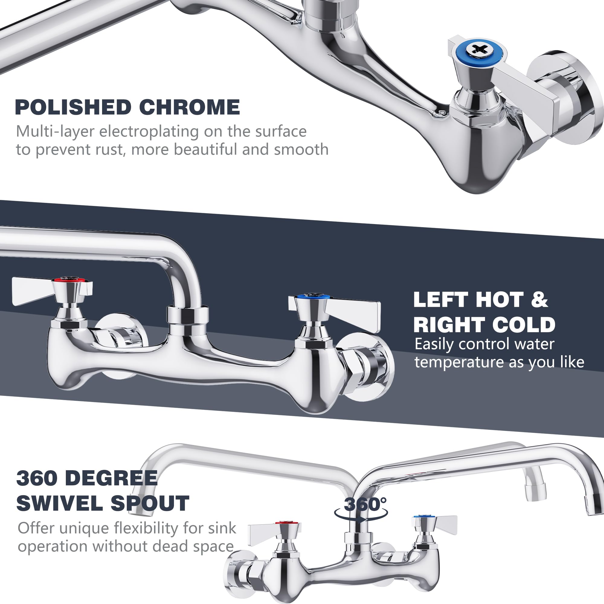 Gimili Wall Mount Commercial Sink Faucet With 12” Swivel Spout Polish Chrome Brass Utility Sink Faucet For Kitchen Laundry Restaurant Industrial Compartment Sink（Include 90 Degree Adapters）