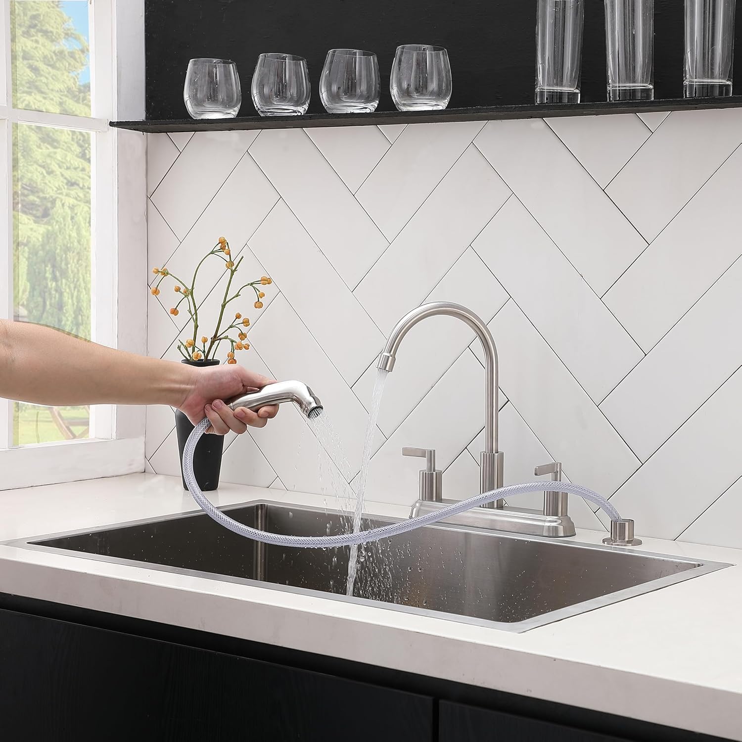 Ikebana 3 Or 4 Hole Kitchen Faucet Brushed Nickel, 2 Handle 4 Hole Kitchen Sink Faucet With Side Sprayer, Lead- 360 Swivel Stainless Steel Kitchen Faucet For Rv Laundry Kitchen Sink