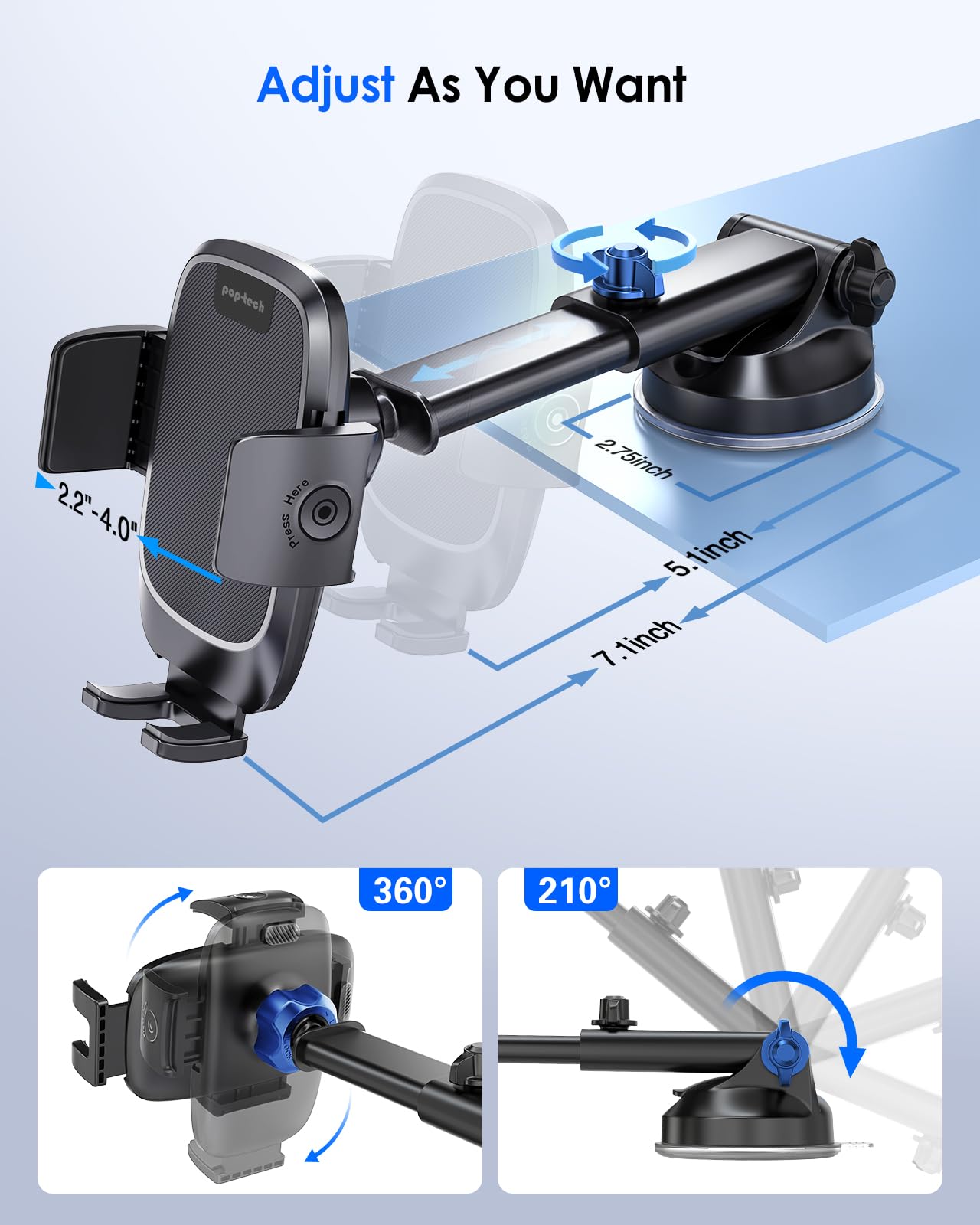 Pop-Tech Phone Mount For Car, [Military-Grade Suction] Universal Cell Phone Holder For Your Car Dashboard Windshield Window, Automobile Cradle Fit For Iphone Samsung All Smartphones With Thick Case