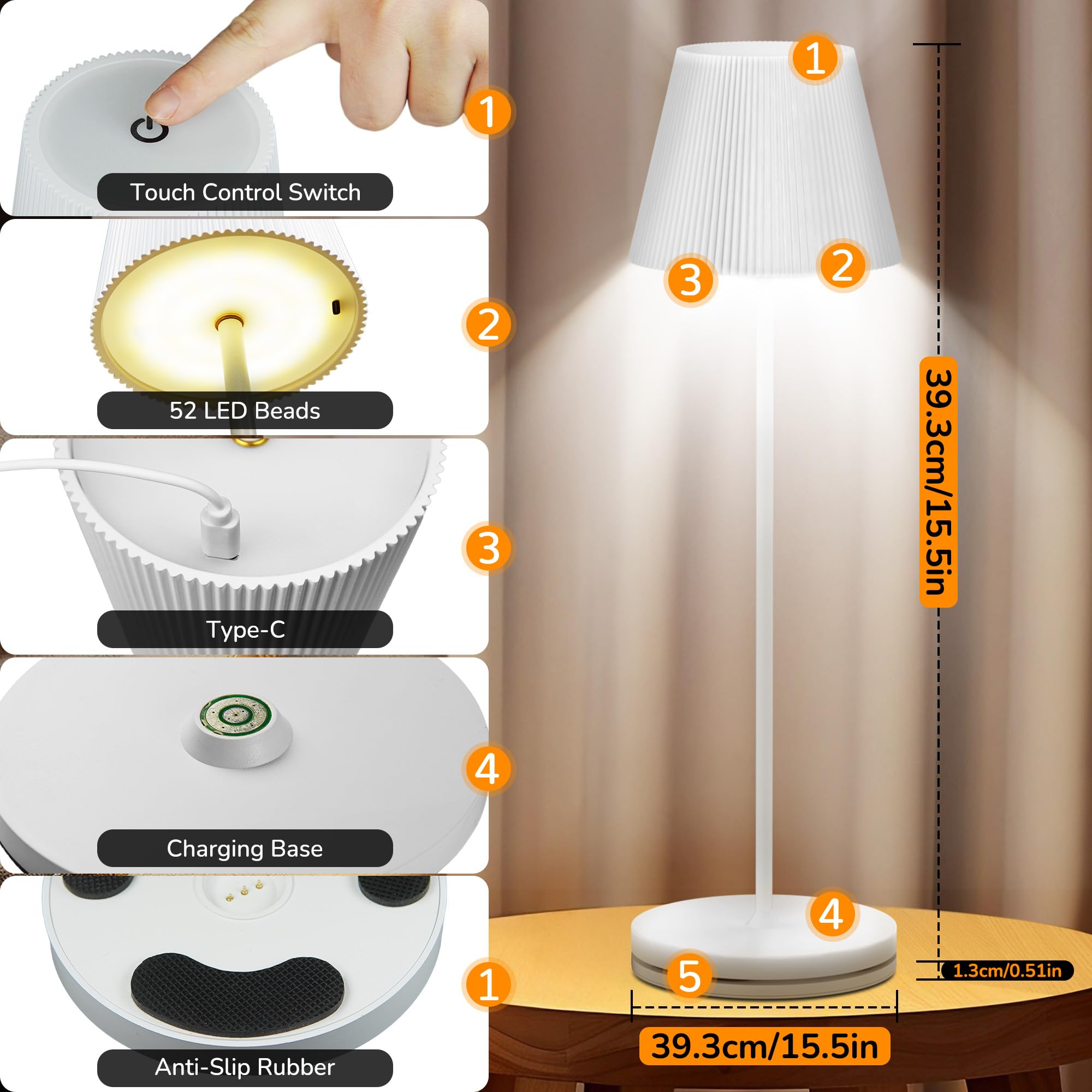 Hmkjwy 1Pcs Cordless Rechargeable Table Lamp With Charging Station Base Dimmable Led Desk Lamp Waterproof Portable Touch Control Long Battery Life For Home Office Outdoor Patio Bedroom Kitchen