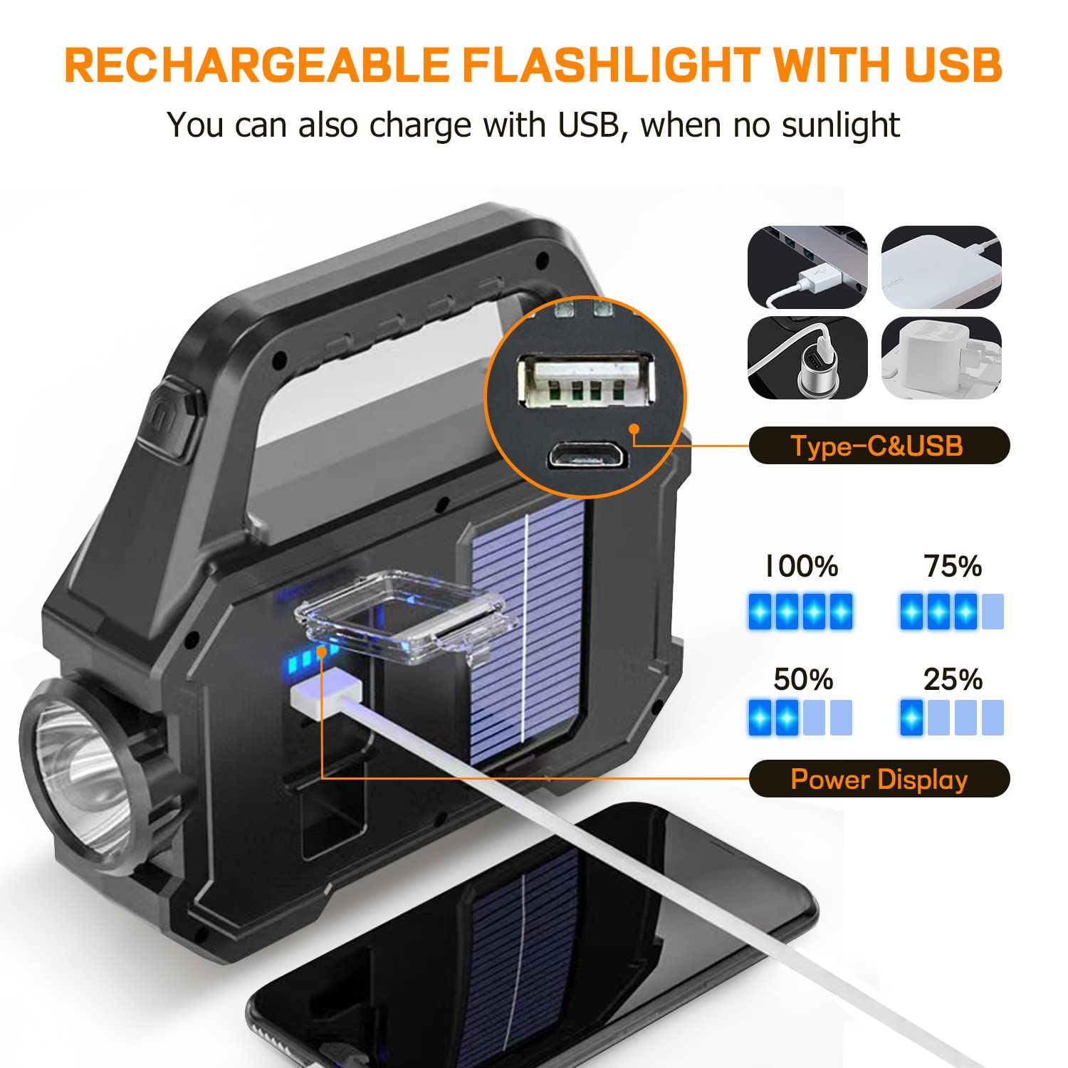 Sjpro Solar Handheld Flashlight With Usb Cable, 6 Modes Rechargeable Multifunction Lights Super Bright Led Searchlight, Lightweight Waterproof Portable Spotlight For Fishing Outdoor Camping Emergencies