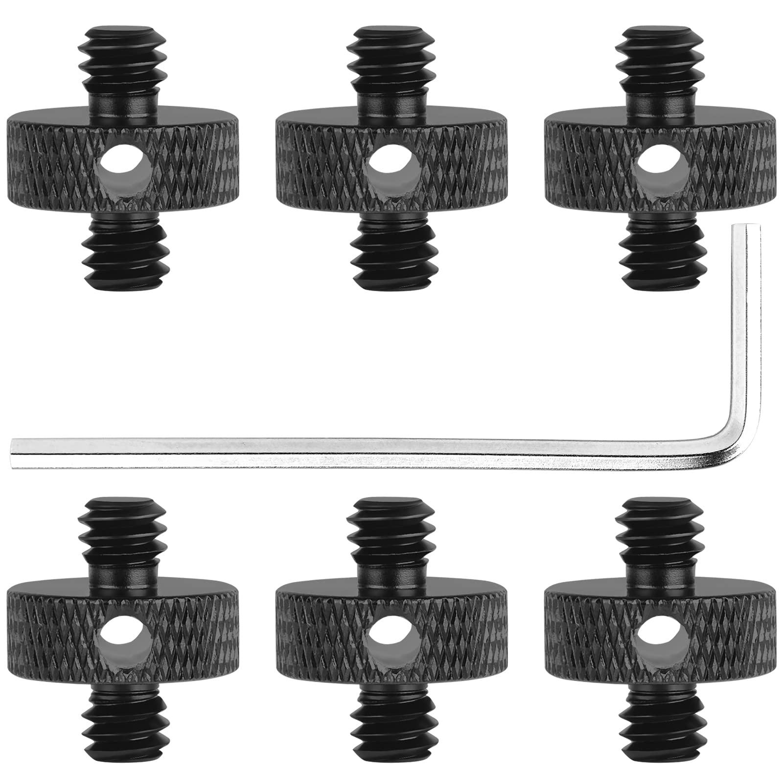 Sanchamy 1/4" Male To 1/4" Male Threaded Tripod Screw Adapter Standard Mounting Thread Converter W/Hole For Camera Cage Mount Light Stand Monopo Shoulder Rig Tripod-6 Packs(Hex Wrench Included)