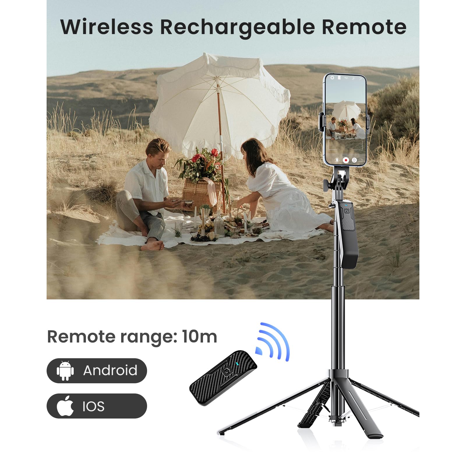 Linber 71" Selfie Stick Tripod With Wireless Remote & 2 Fill Lights, Tall Phone Tripod Stand With Quad-Leg Base, Aluminum Alloy White Stick For Iphone, Android, Gopro, Vlogging & Video