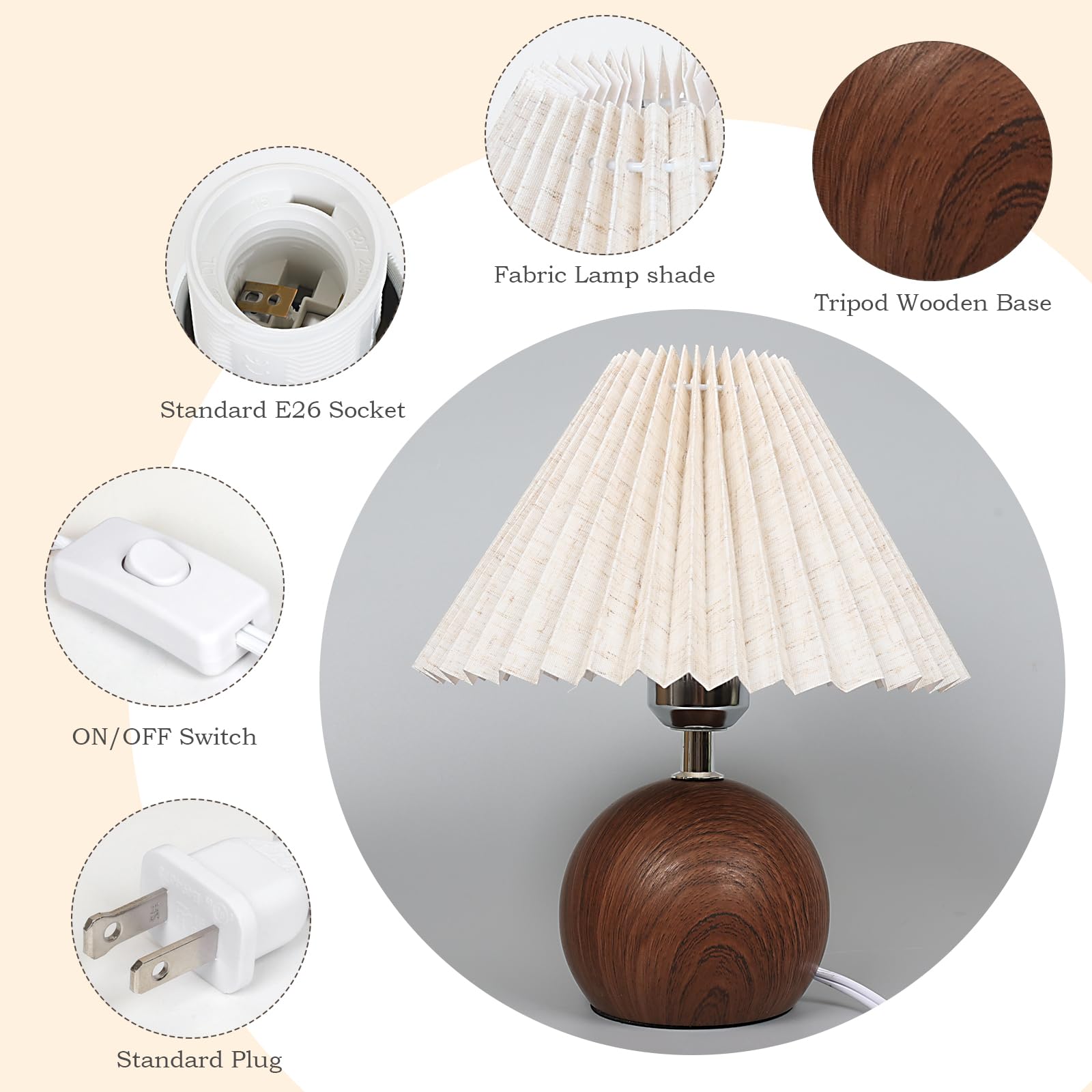 Jachoyi Small Pleated Table Lamp, Bedside Nightstand Lamp With Off White Lampshade, Morden Mini Lamp For Bedroom Home Office Decor, E27 Bulb Included