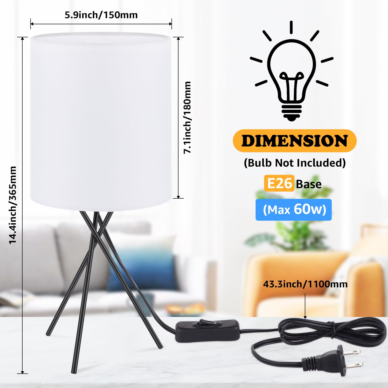 Folksmate Bedside Table Lamp With Black Metal Base, Modern Small Desk Lamp, Nightstand Light Fixture With White Lampshade, Home Living Room Bedroom Office, Bulb Not Included