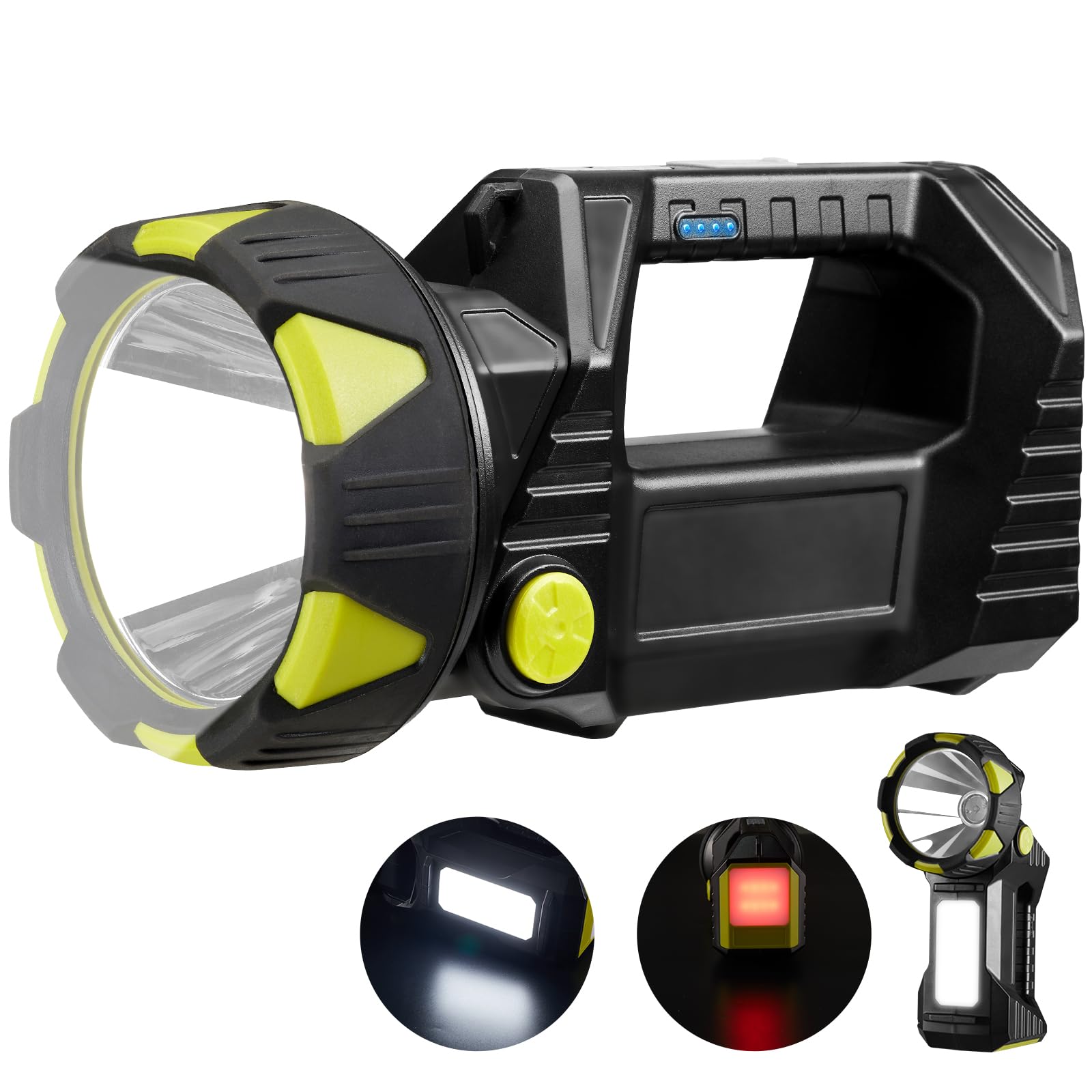 Bochaos Led Spotlight, 10000 Lumens Rechargeable Flashlight, 90° Rotate, 8 Modes With Cob& Tail Light, Ipx5 Waterproof,4800Mah Battery, Handheld Flashlight For Camping, Emergency