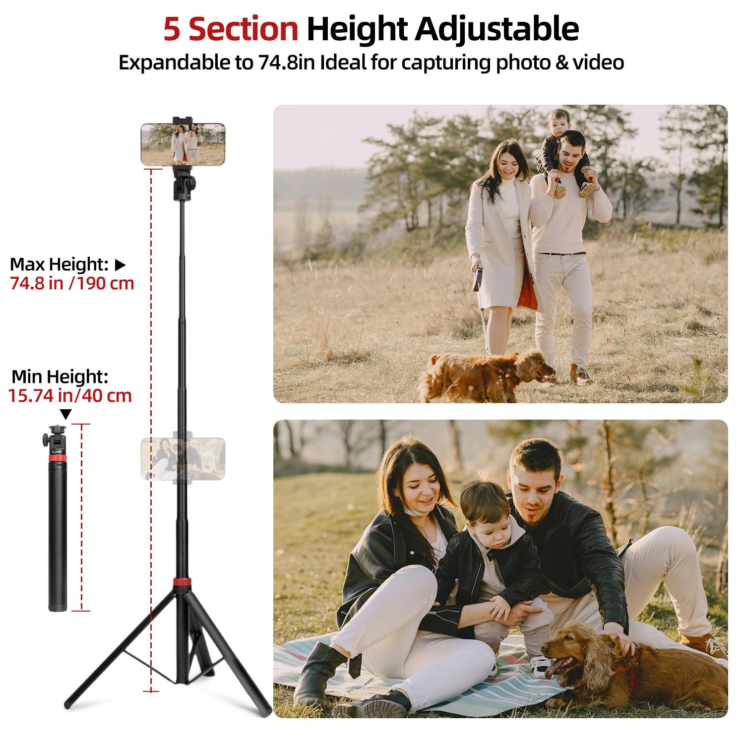 Jebutu Extendable Tripod Aluminum, Portable Adjustable Light Stand With 1/4" Screw Phone Holder & Remote, Ball Head Camera Phone Tripod For Camera Iphone Video Light Smartphone, Lightweight For Travel