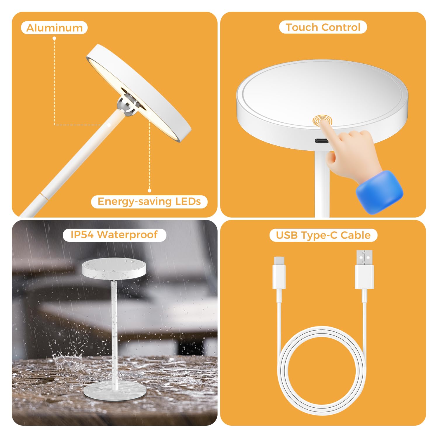 Senwow Led Cordless Table Lamp Rechargeable, Portable Touch Mirror Face Desk Lamp Battery Operated, 3 Color Stepless Dimming Outdoor Table Light For Patio/Restaurant/Bedroom/Dresser(White)