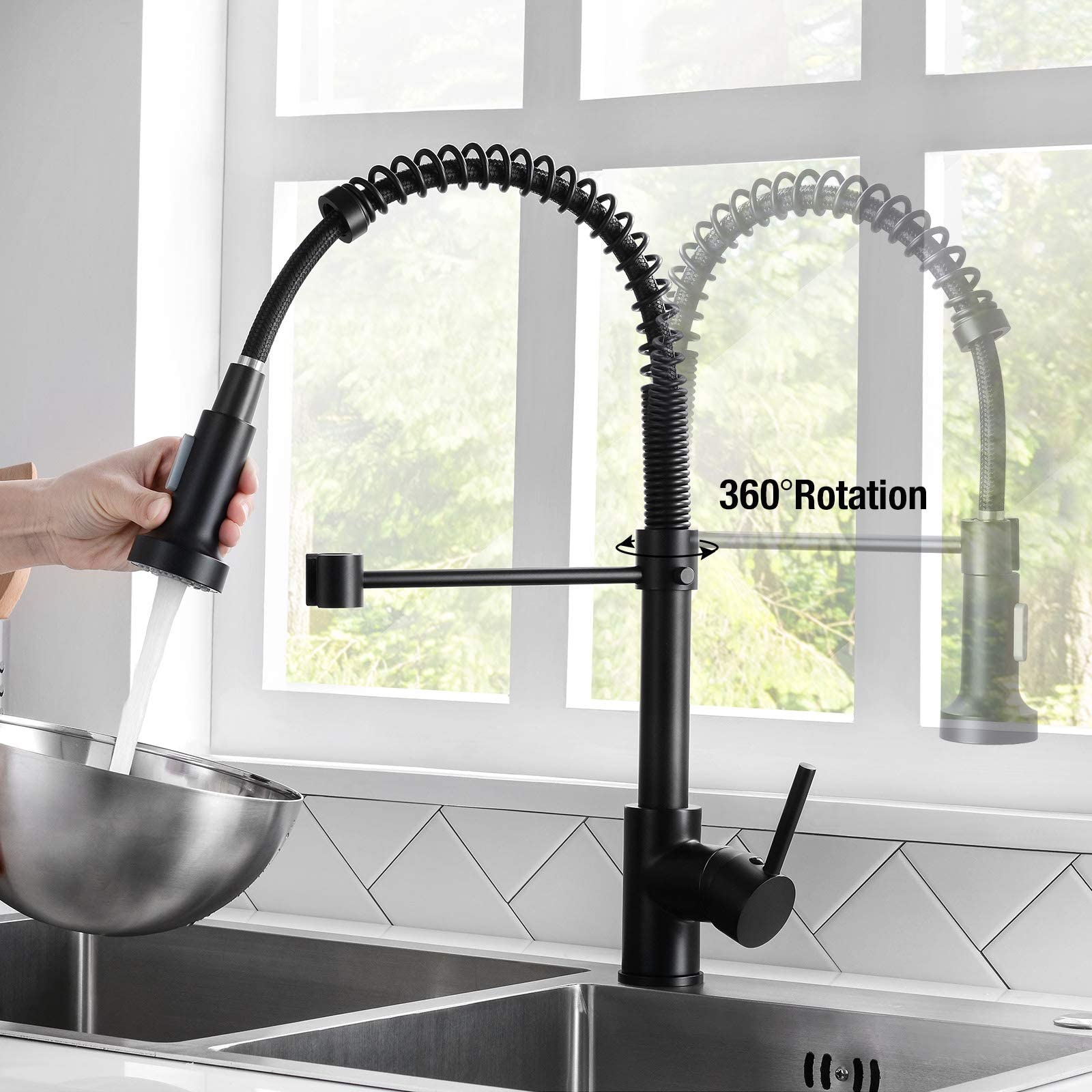 Djs Kitchen Faucets With Pull Down Sprayer Matte Black - Dual Mode Setting Single Handle 1 Or 3 Holes Commercial Black Kitchen Sink Faucet With Deck Plate For Farmhouse Rv Vessel Basin