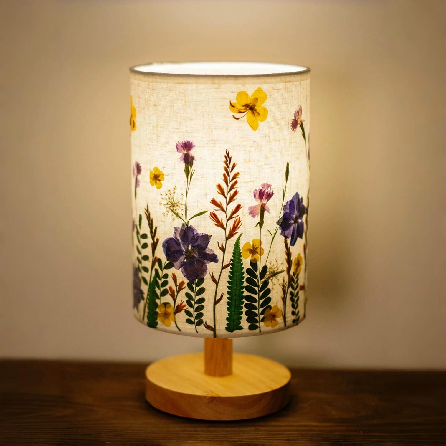 Petitepop Dried Flowers Table Lamp, 7W Led 3-Color Pressed Floral Beside Lamp,Cute Vintage Linen Shade Desk Lamp For Bedroom Office With Wood Base