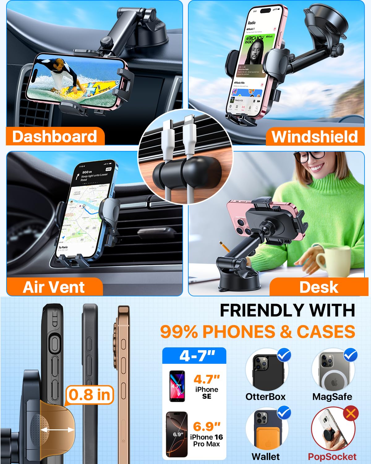Htu  Best Car Phone Holder【Ultimate 5-In-1 &  100+Lbs Strongest Suction】【True Military-Grade & Safety Cert】 Windshield Phone Mount, Truck Dashboard Vent Stand For Iphone Android, Blue