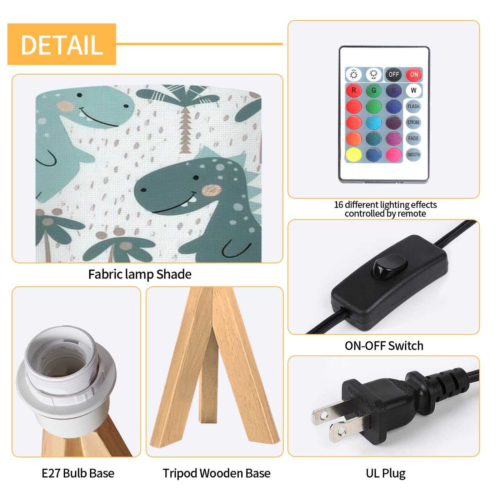 Dqwijakx91 Tripod Table Lamp Dinosaur Baby Boy Seamless Pattern Sweet Dino Palm Scandinavian Cute Modern Bedside Dimmable Desk Lamp Wooden Base Fabric Lampshade For Kids Room, Nursery, Bedroom, Living Room