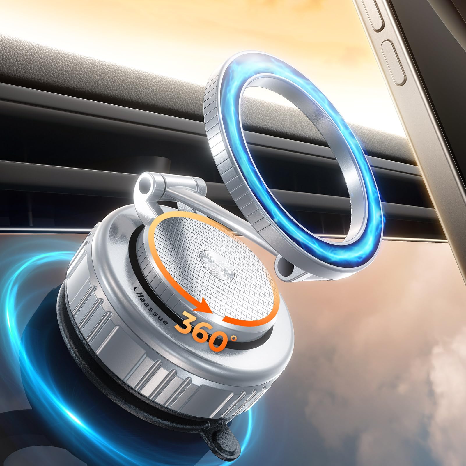 Haassue   Vacuum Magnetic Car Phone Holder [89+Lbs Suction/2800Gf Magnet], Suction Cup Phone Mount, Ultra-Strong Magnetic Stand For Car/Mirror/Gym/Kitchen/Iphone16 15 14 13 12, Silver