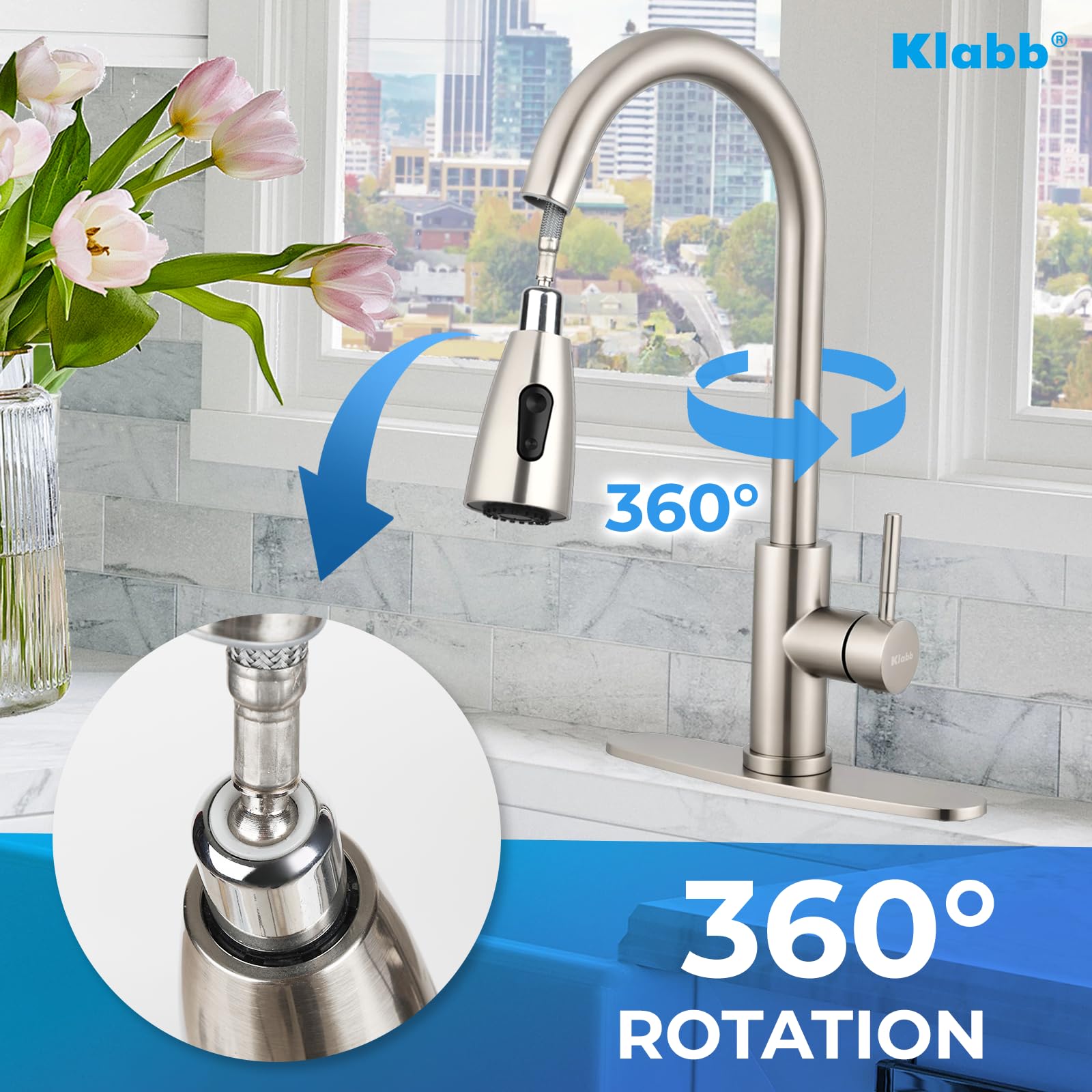 Klabb Stainless Steel Faucet Single Handle High Brushed Nickel Pull Out Kitchen Faucet,Single Level Stainless Steel Kitchen Sink Faucets With Pull Down Sprayer